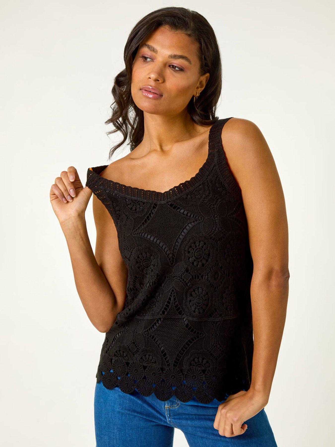 undefined Cotton Crochet Knit Vest Top - Black