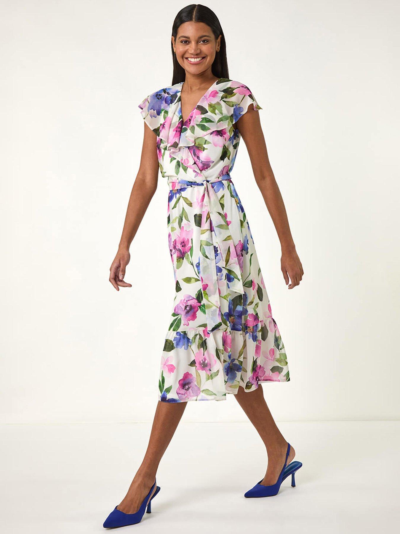 undefined Floral Frill Wrap Midi Dress - White