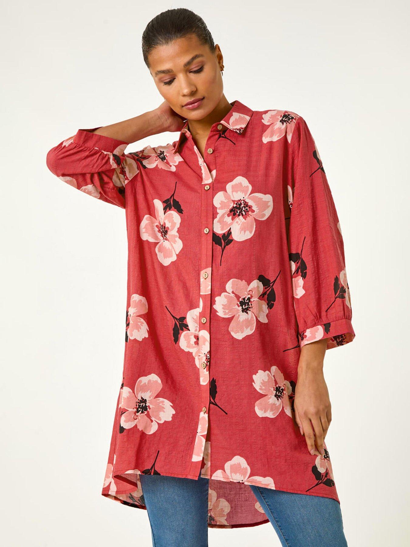 Roman Longline Floral Print Blouse - Red