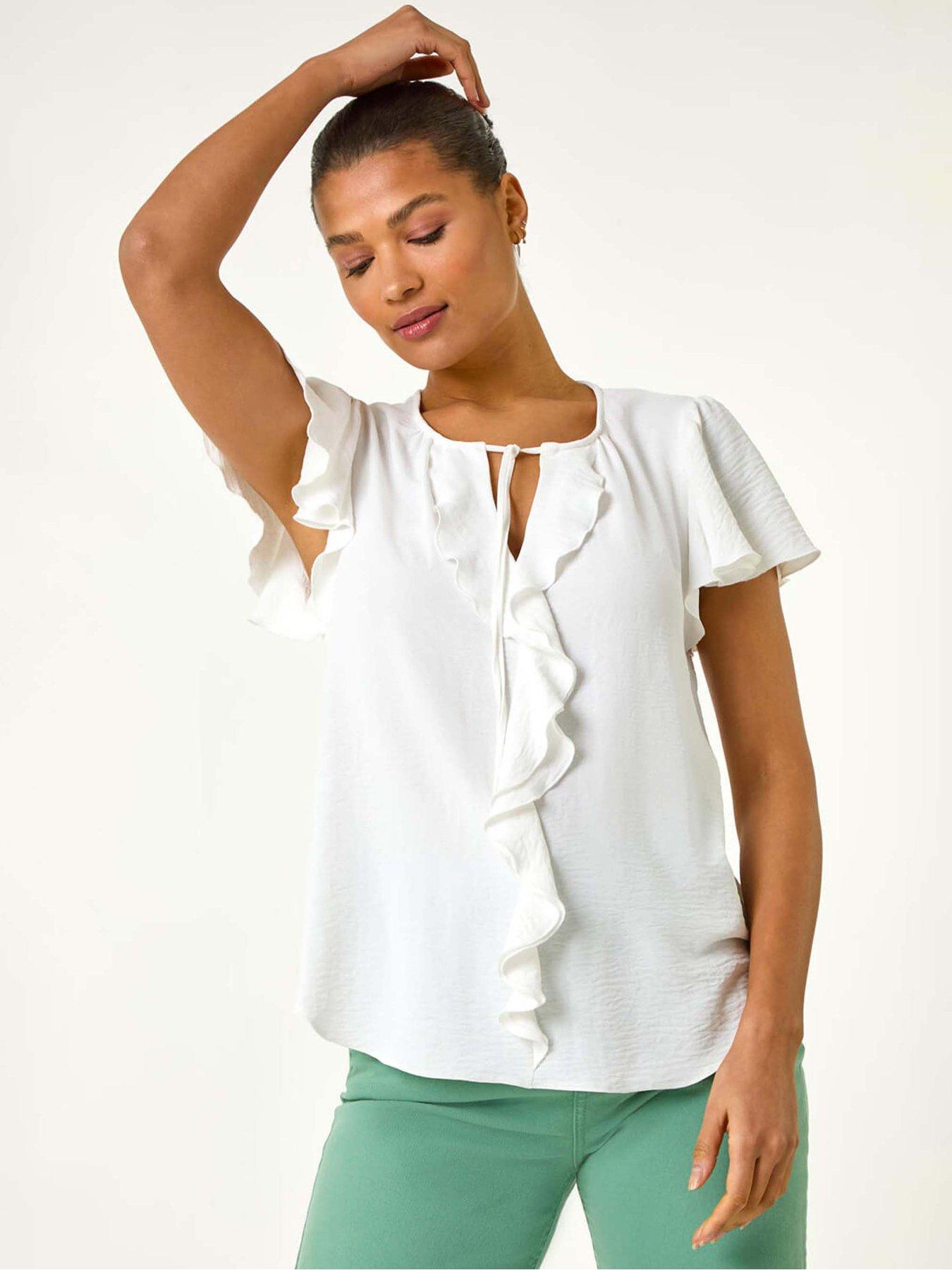 undefined Frilled Sleeve Tie Front Top - White