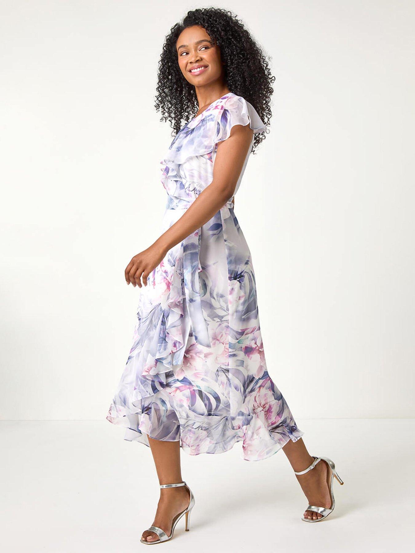 undefined Petite Floral Print Wrap Frill Midi Dress - Grey