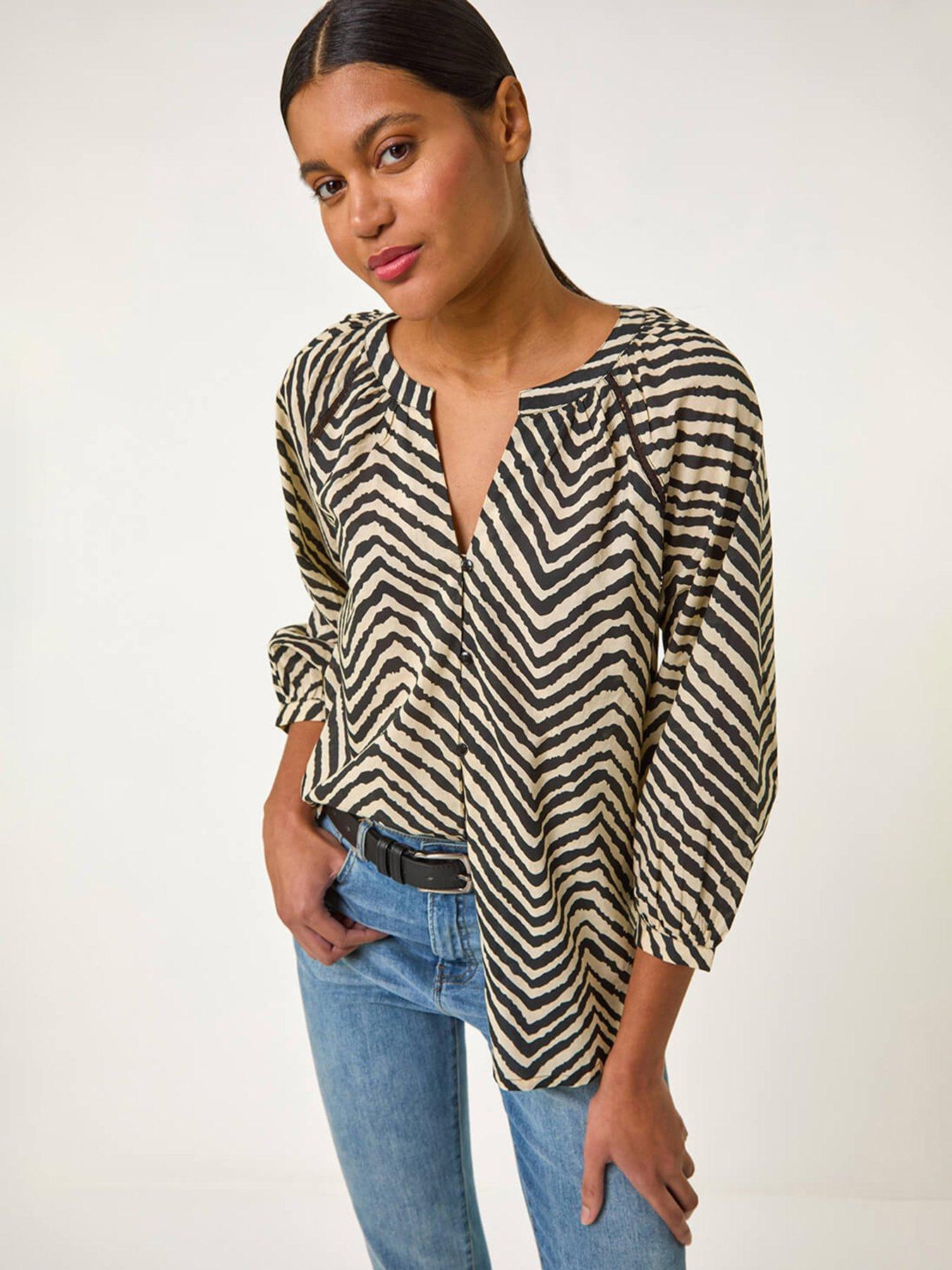 Image 1 of 5 of Roman Linear Print V-Neck Blouse - Black