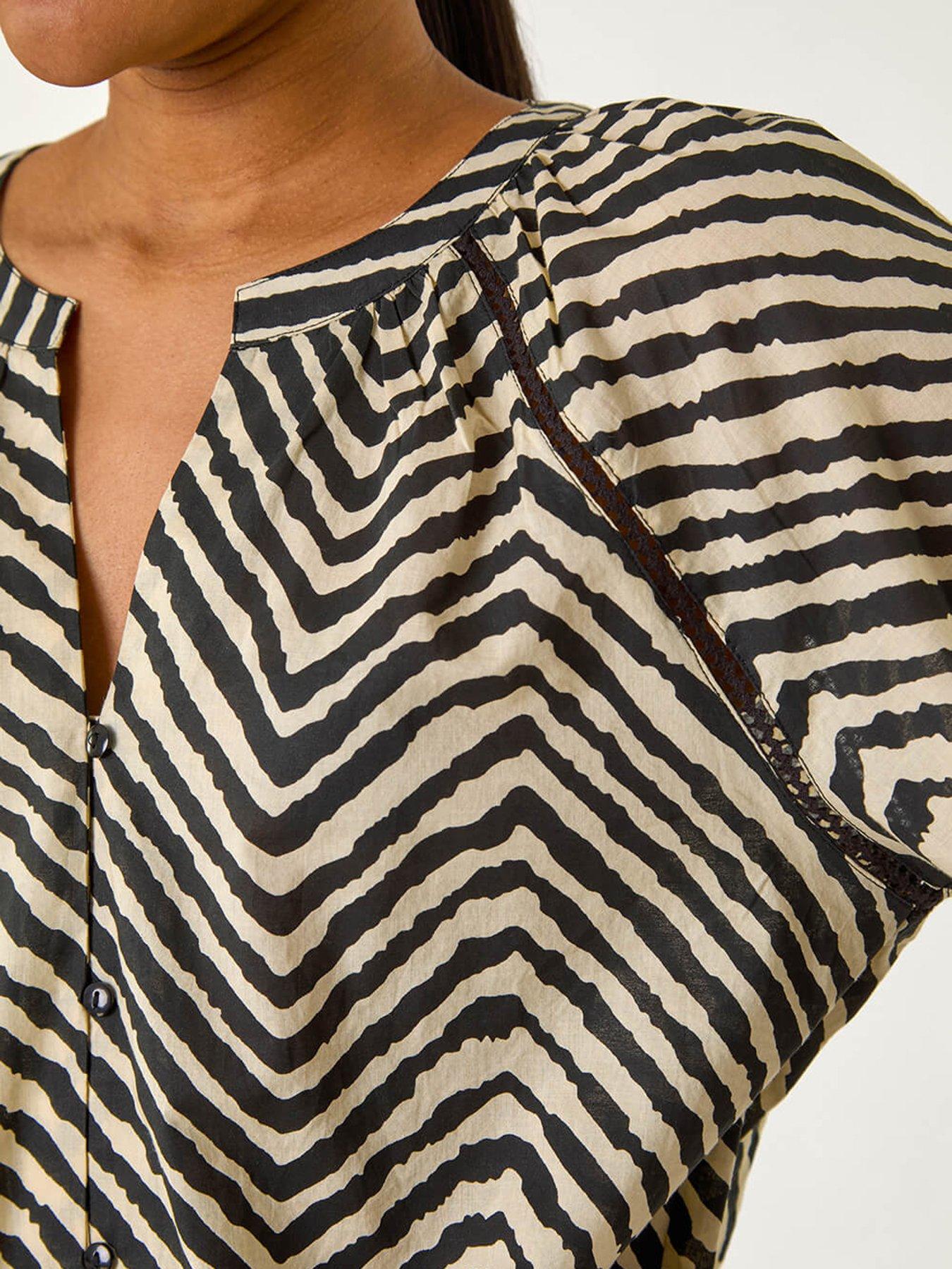 Image 5 of 5 of Roman Linear Print V-Neck Blouse - Black