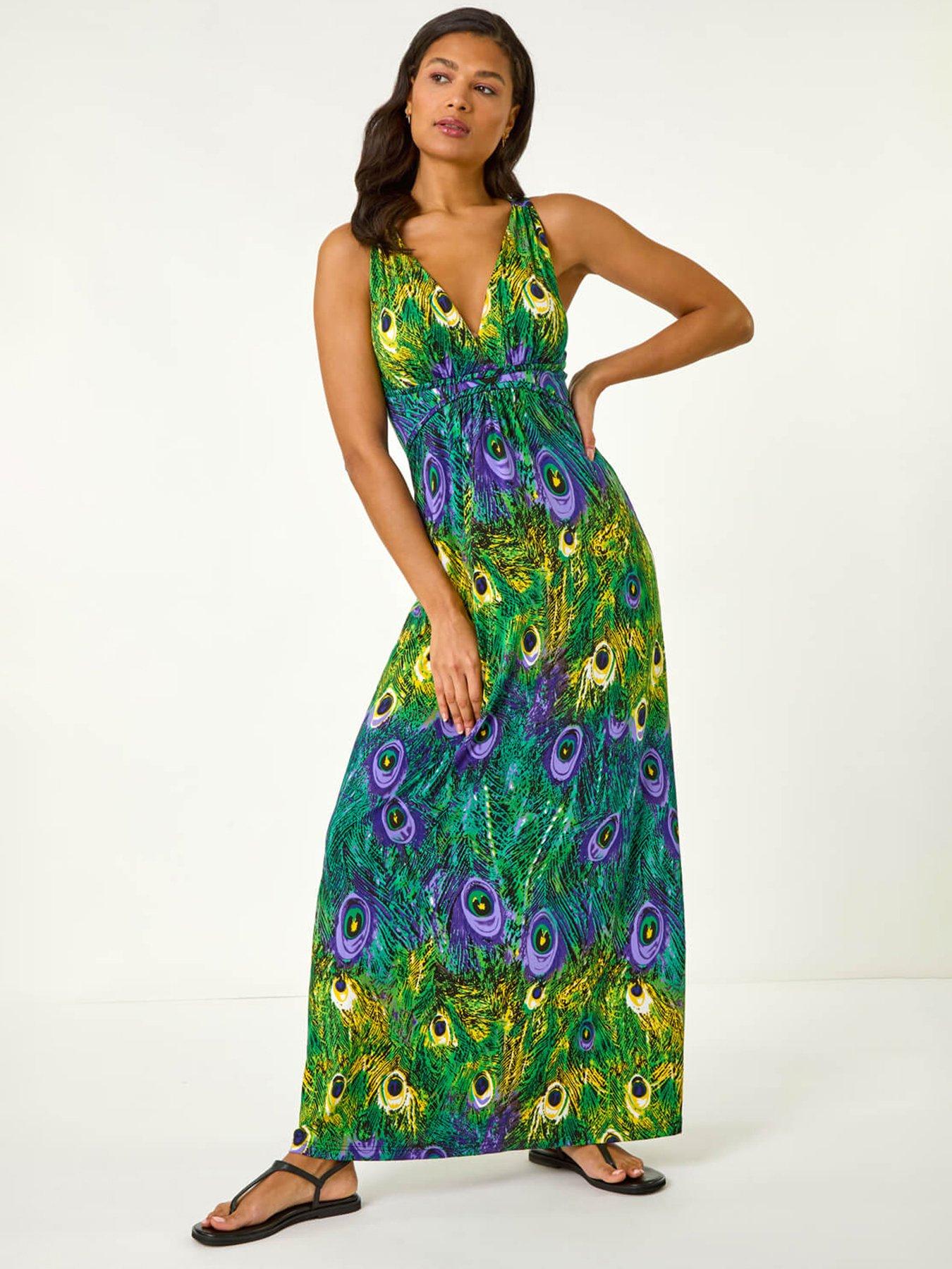 Roman Peacock Printed Maxi Dress - Green
