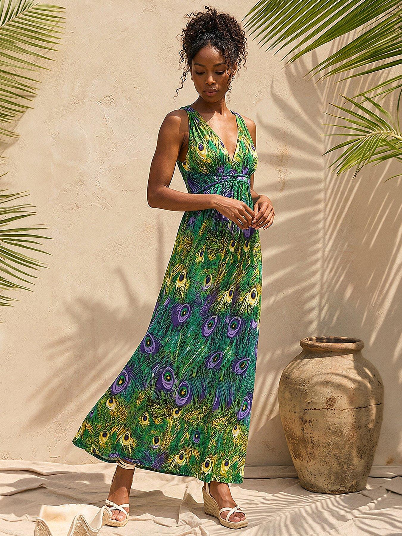 Image 1 of 5 of Roman Peacock Printed Maxi Dress - Green