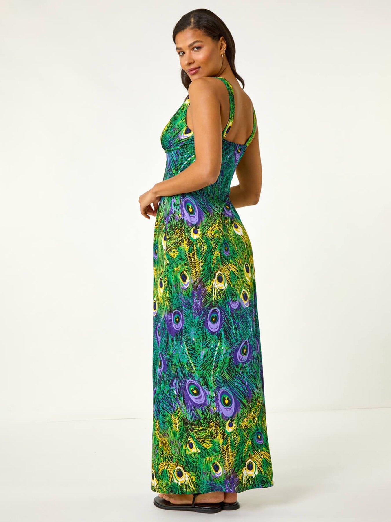 Image 2 of 5 of Roman Peacock Printed Maxi Dress - Green