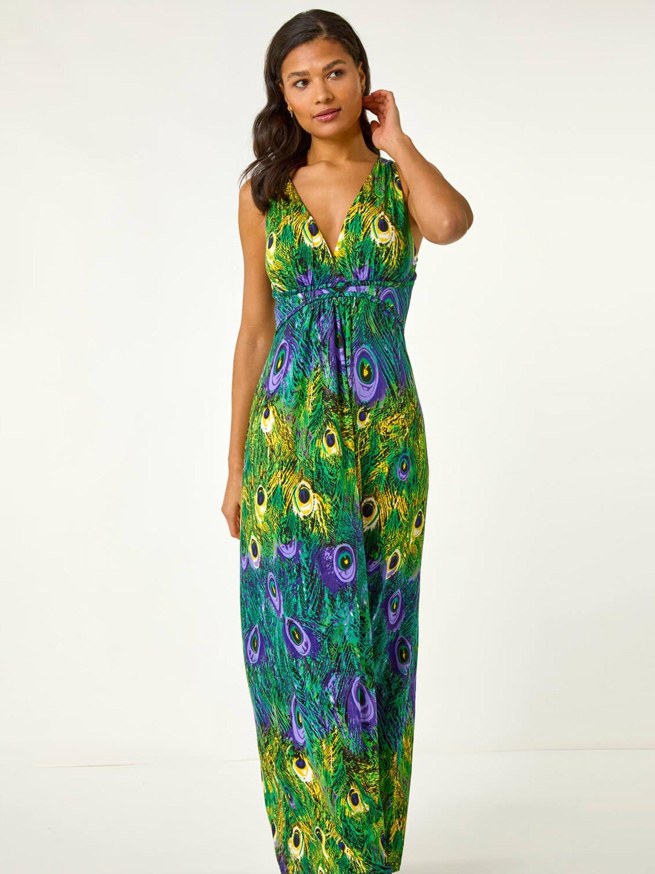 Image 3 of 5 of Roman Peacock Printed Maxi Dress - Green