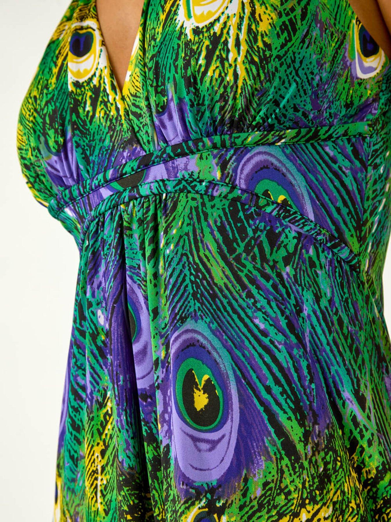 Image 5 of 5 of Roman Peacock Printed Maxi Dress - Green
