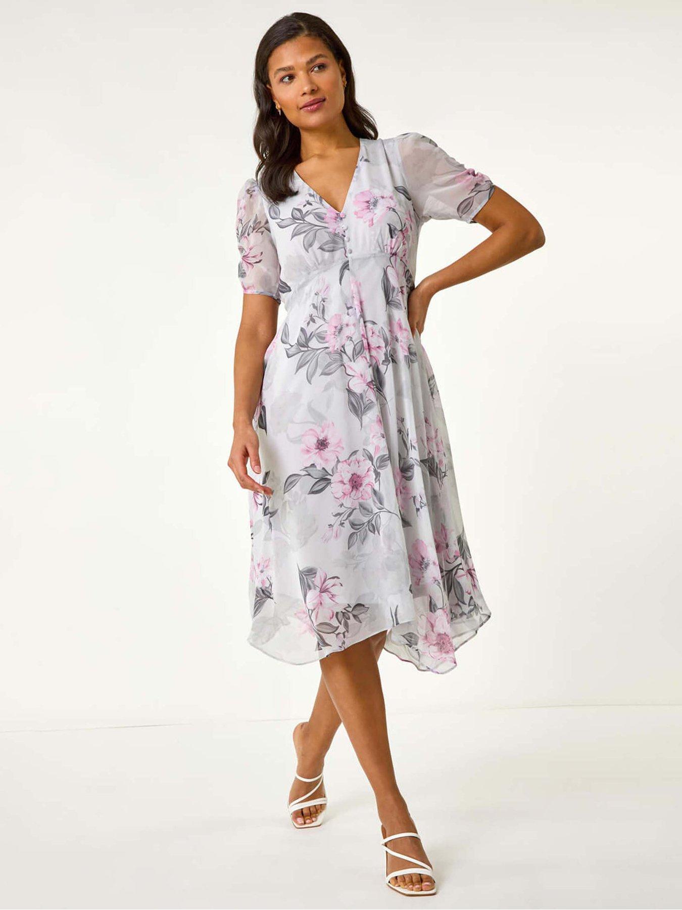 undefined Floral Print Hanky Hem Midi Dress - Pink