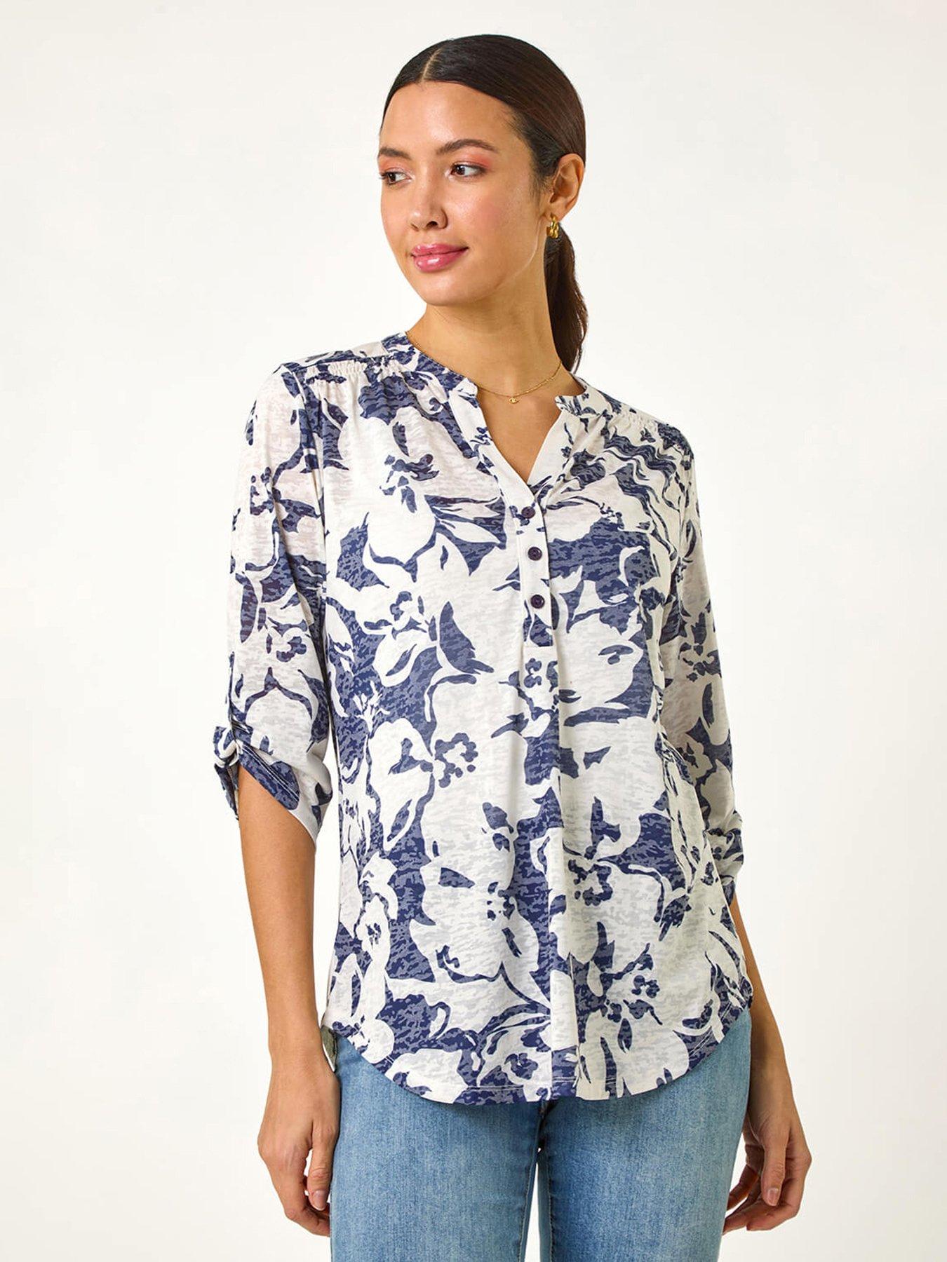 undefined Floral Print Burnout V-neck Shirt - Navy