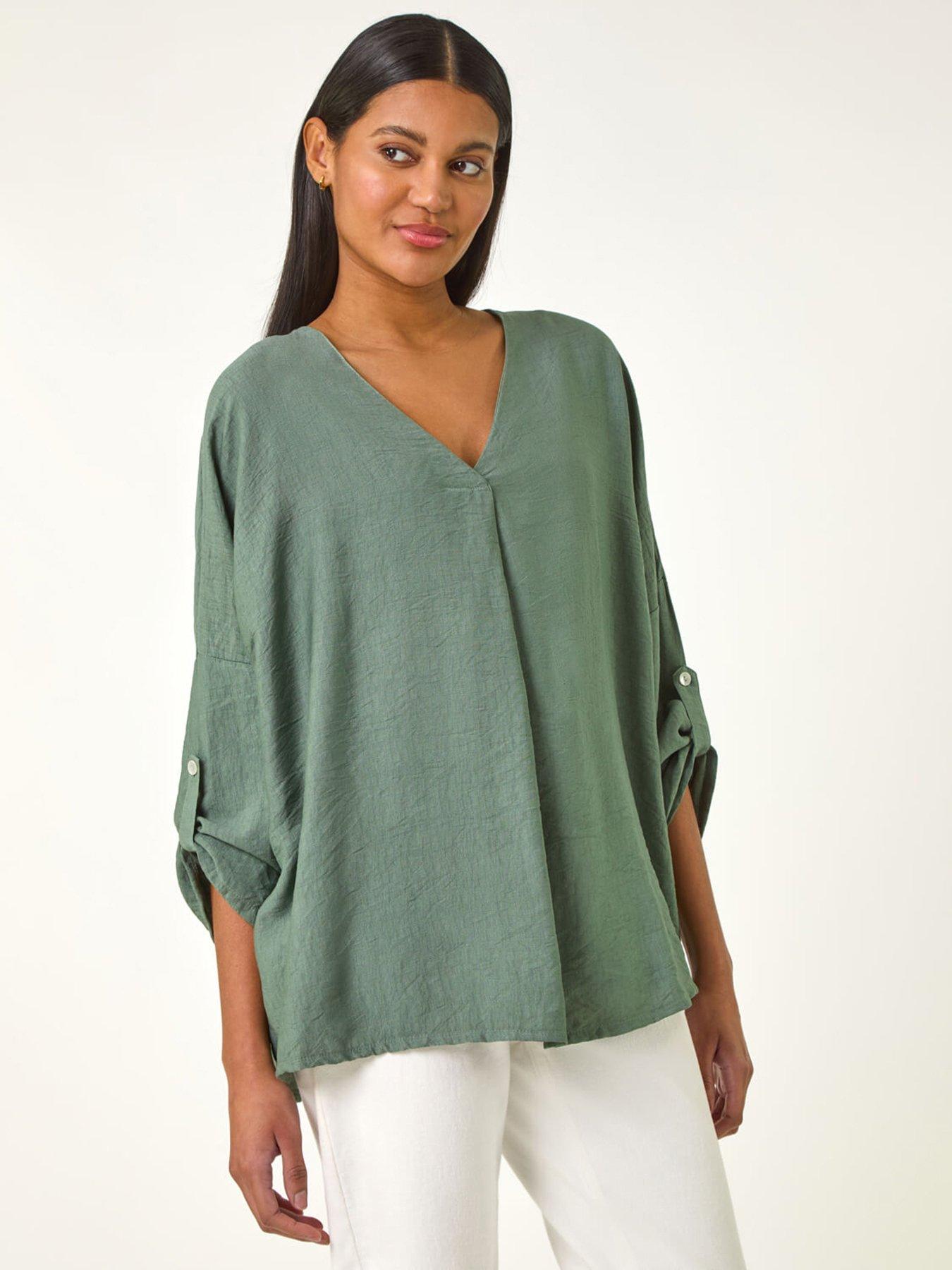 undefined Pleated V-neck Stretch Tunic Top - Green