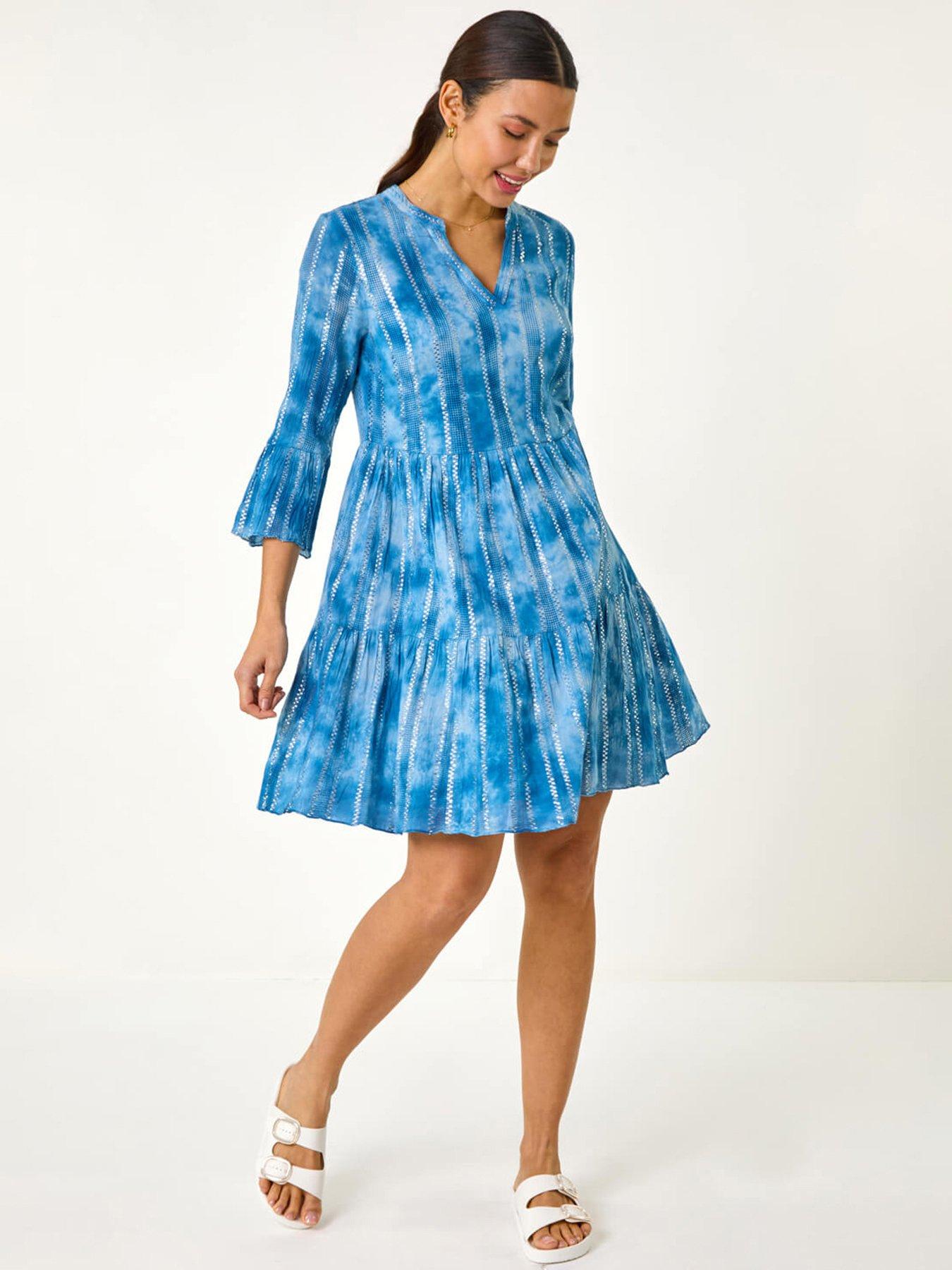 undefined Tie Dye Print Shimmer Smock Dress - Blue