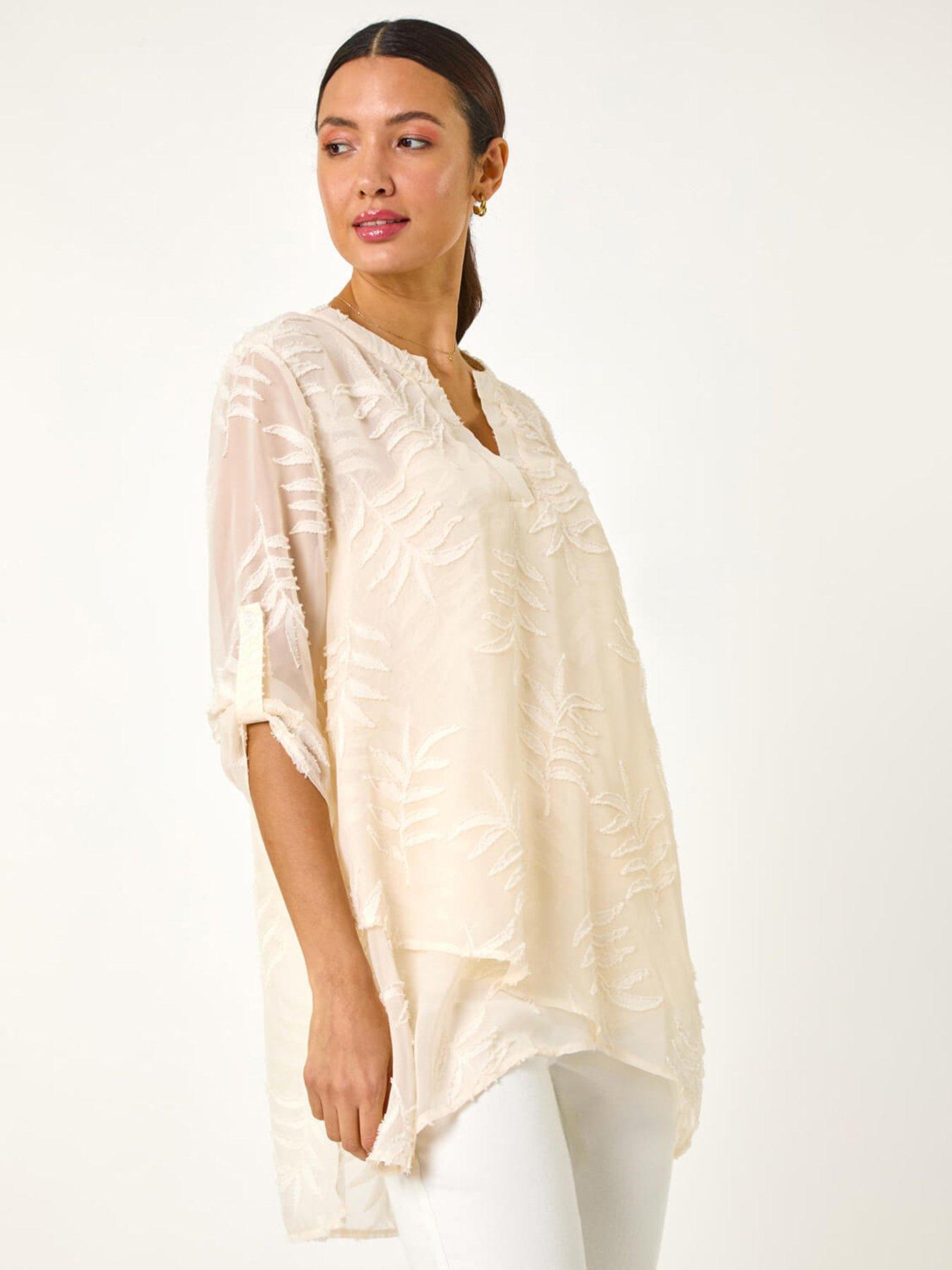 undefined Leaf Print Burnout Wrap Tunic Top - White