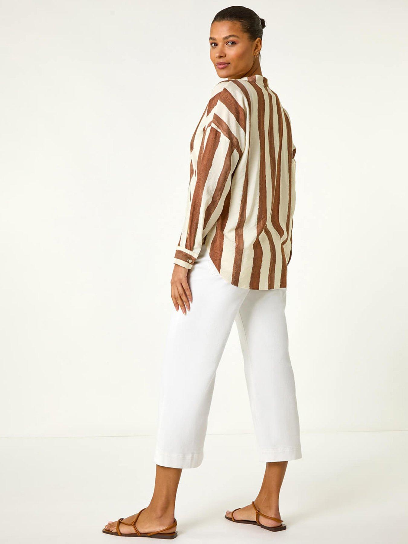 Image 2 of 5 of Roman Stripe Print Relaxed Button Shirt - Brown