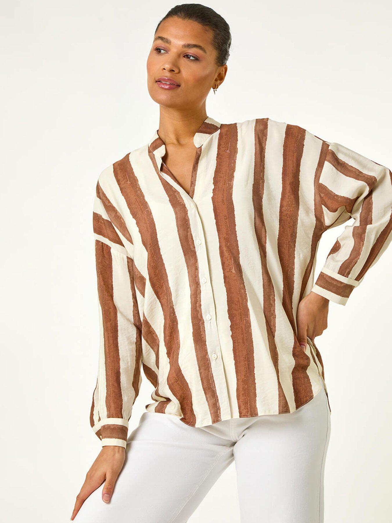 Image 4 of 5 of Roman Stripe Print Relaxed Button Shirt - Brown