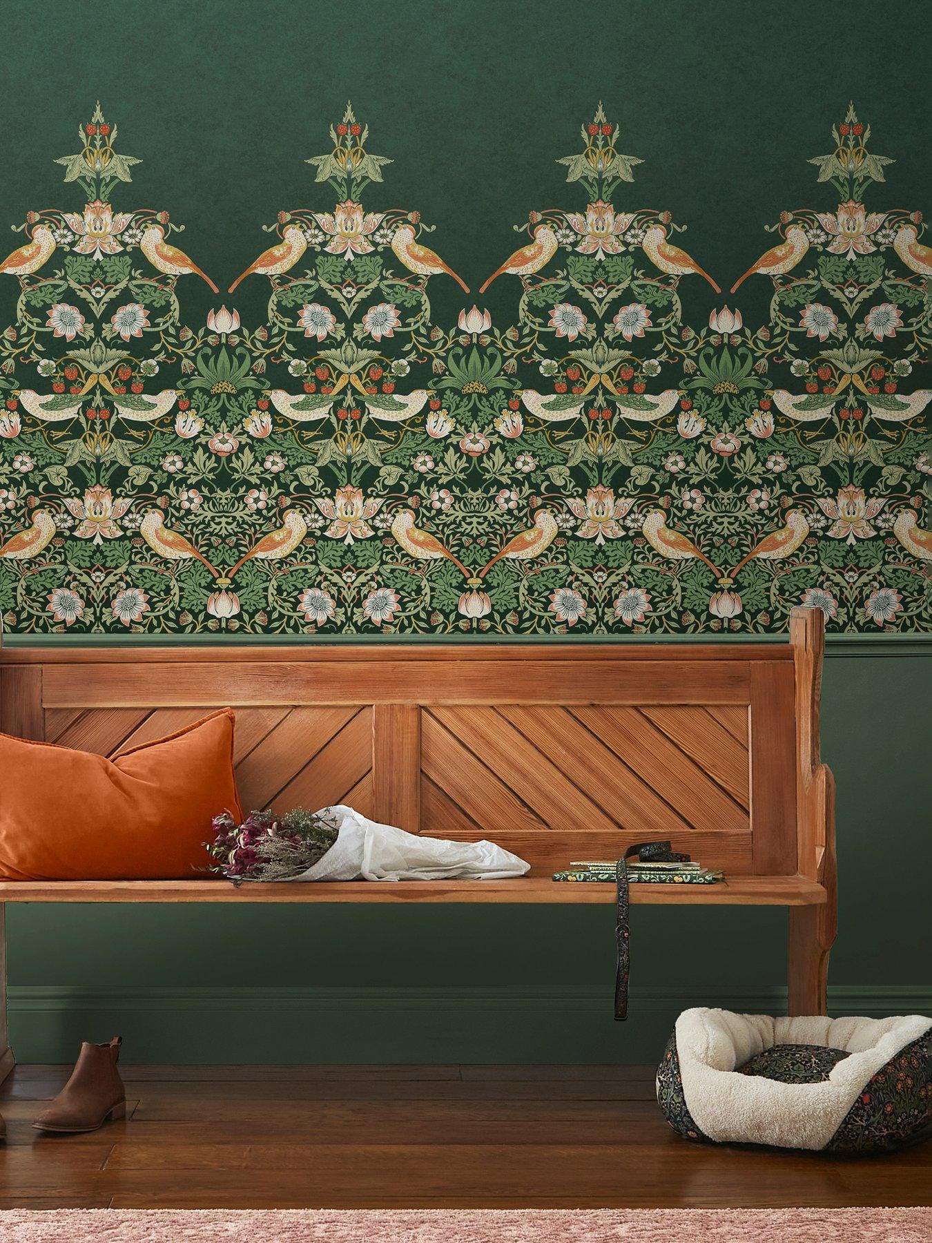 undefined William Morris Strawberry Thief Green Fixed Size Mural Wallpaper