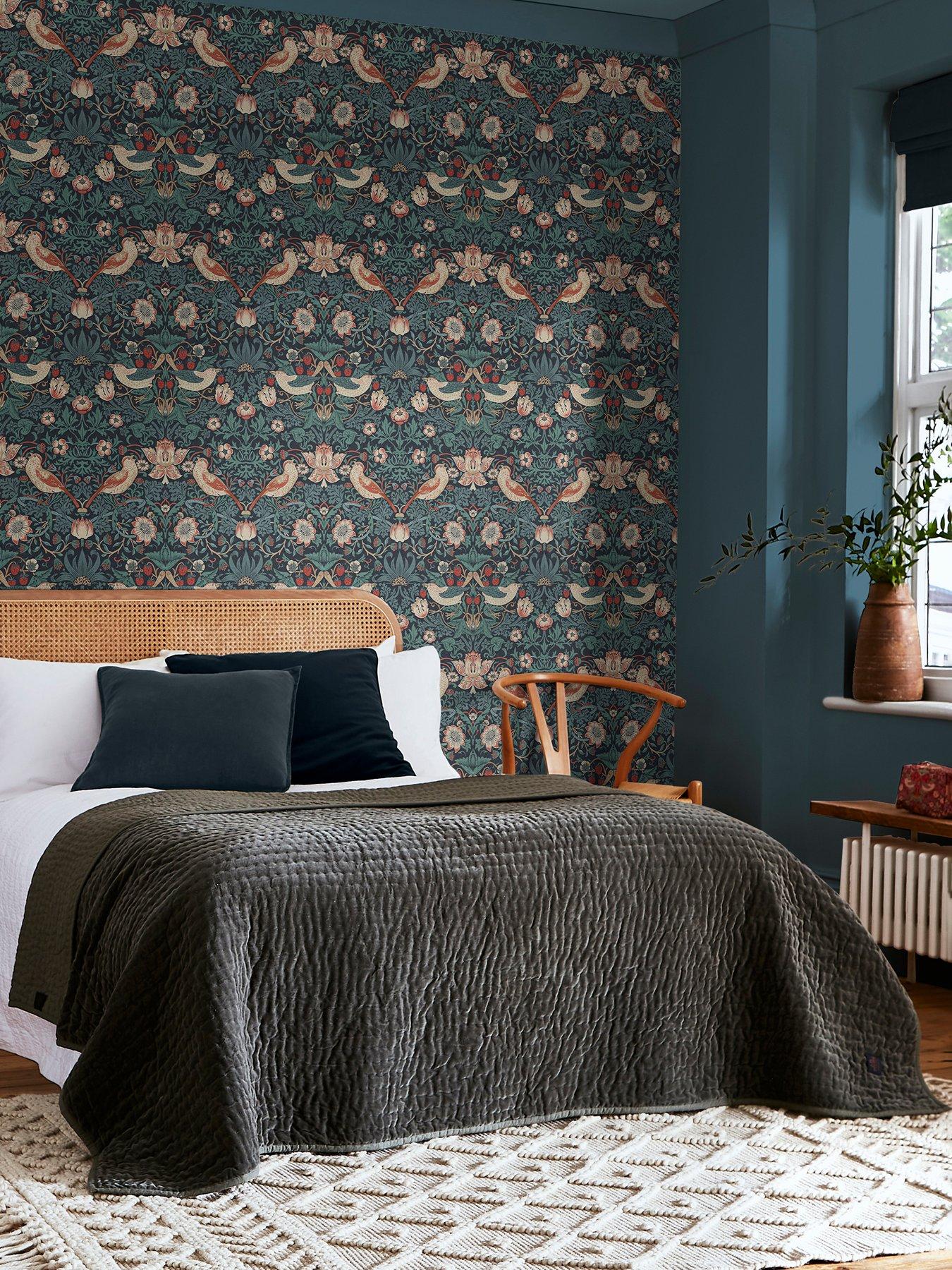 William Morris at Home Strawberry Thief Wallpaper in Deep Blue