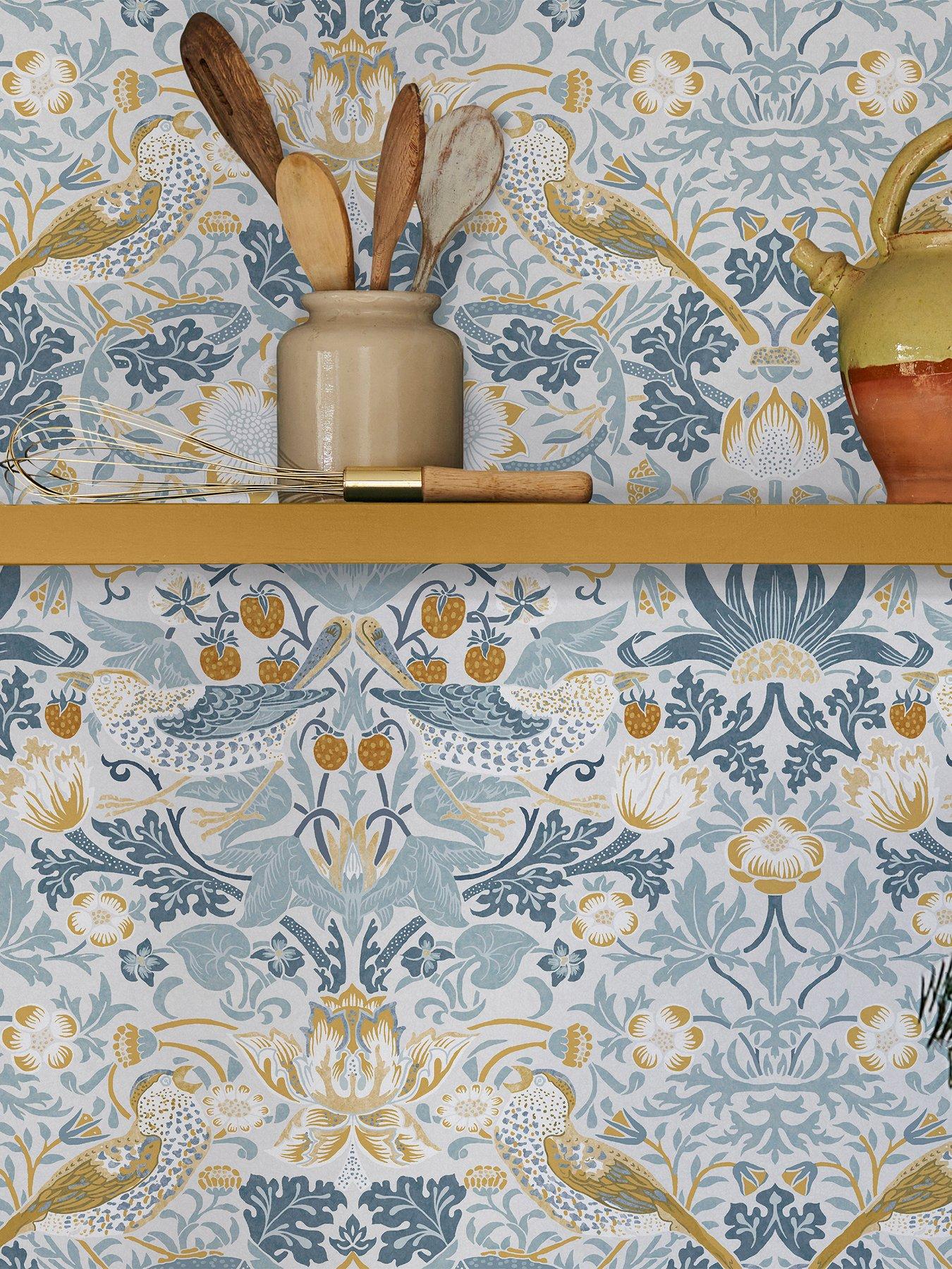 William Morris at Home Strawberry Thief Wallpaper in Soft Blue