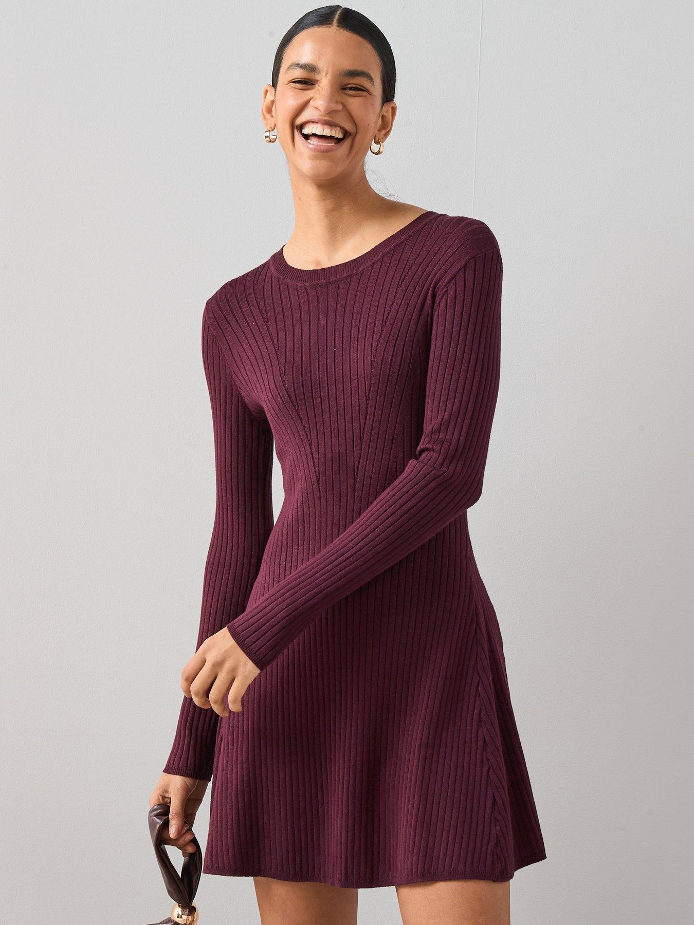 undefined Crew Neck Fit  &  Flare Knitted Mini Dress - Burgundy