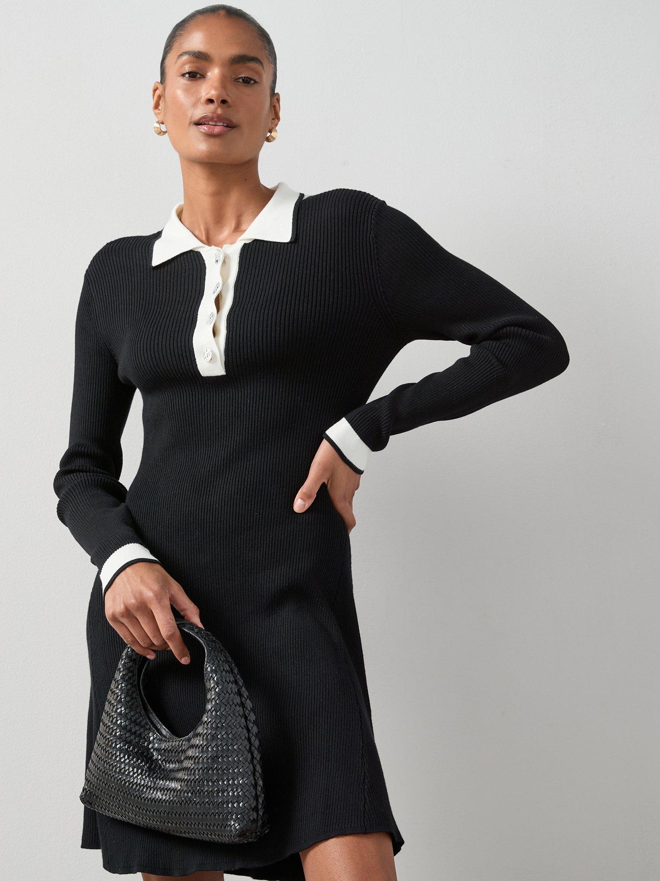 undefined Collared Neck Contrast Button Down Mini Dress - Black