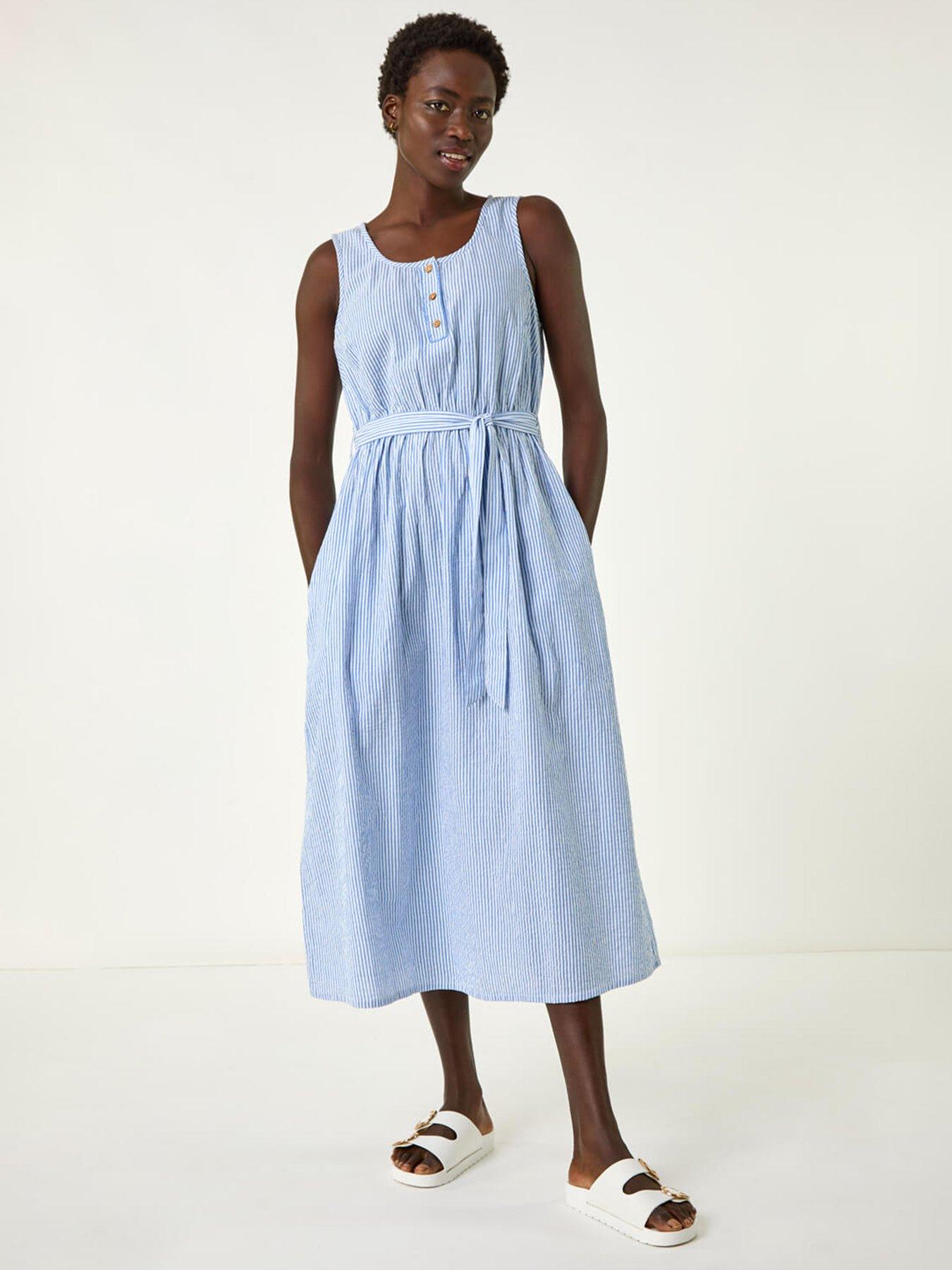 undefined Pinstripe Belted Midi Dress -  Blue