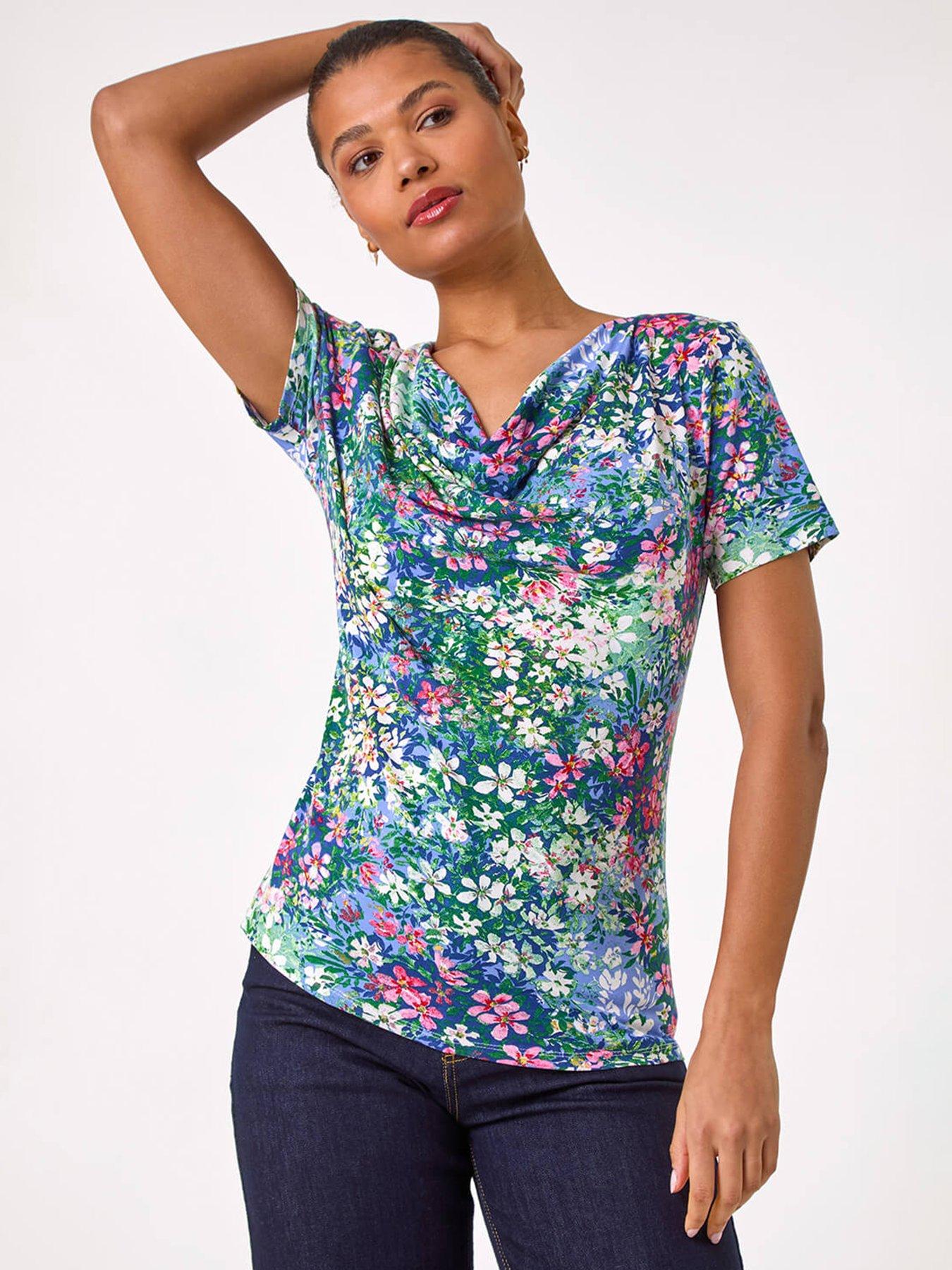 undefined Floral Print Cowl Neck Stretch Top -  Navy