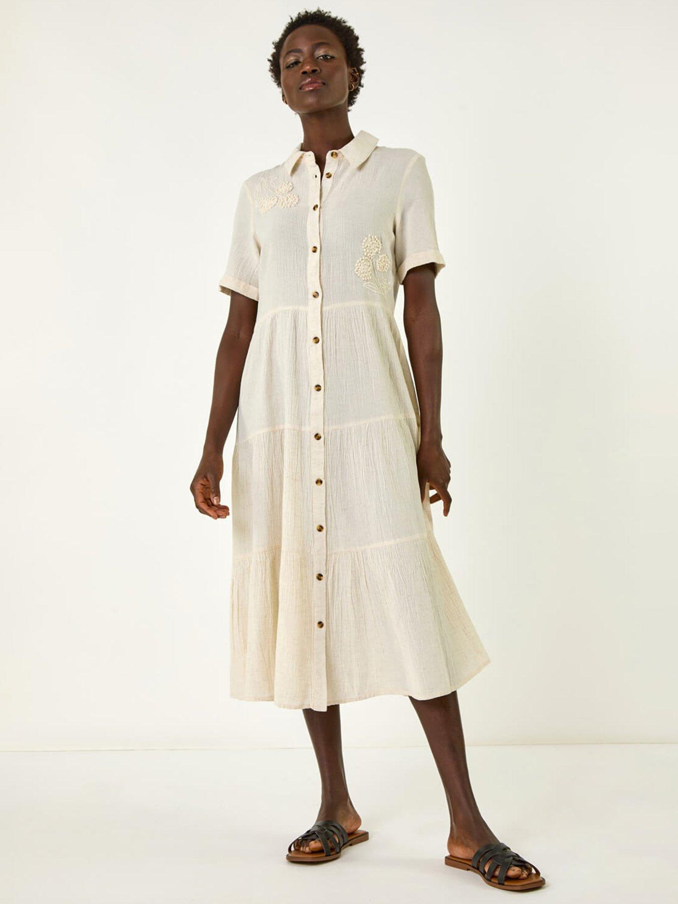 undefined Embroidery Detail Tiered Midi Dress -  Beige