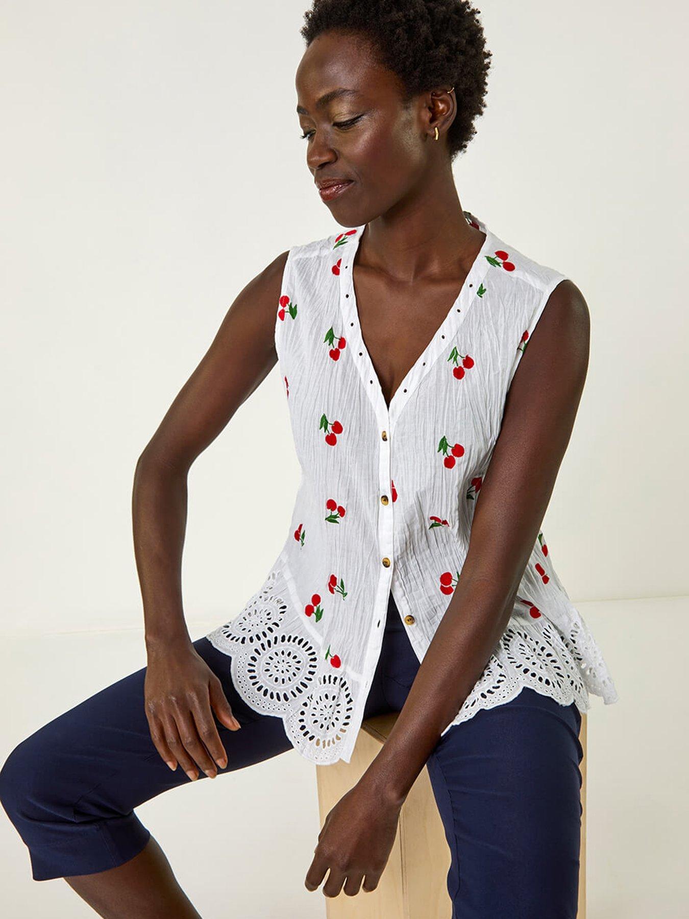 undefined Cherry Print Crinkle Button Blouse -  Red