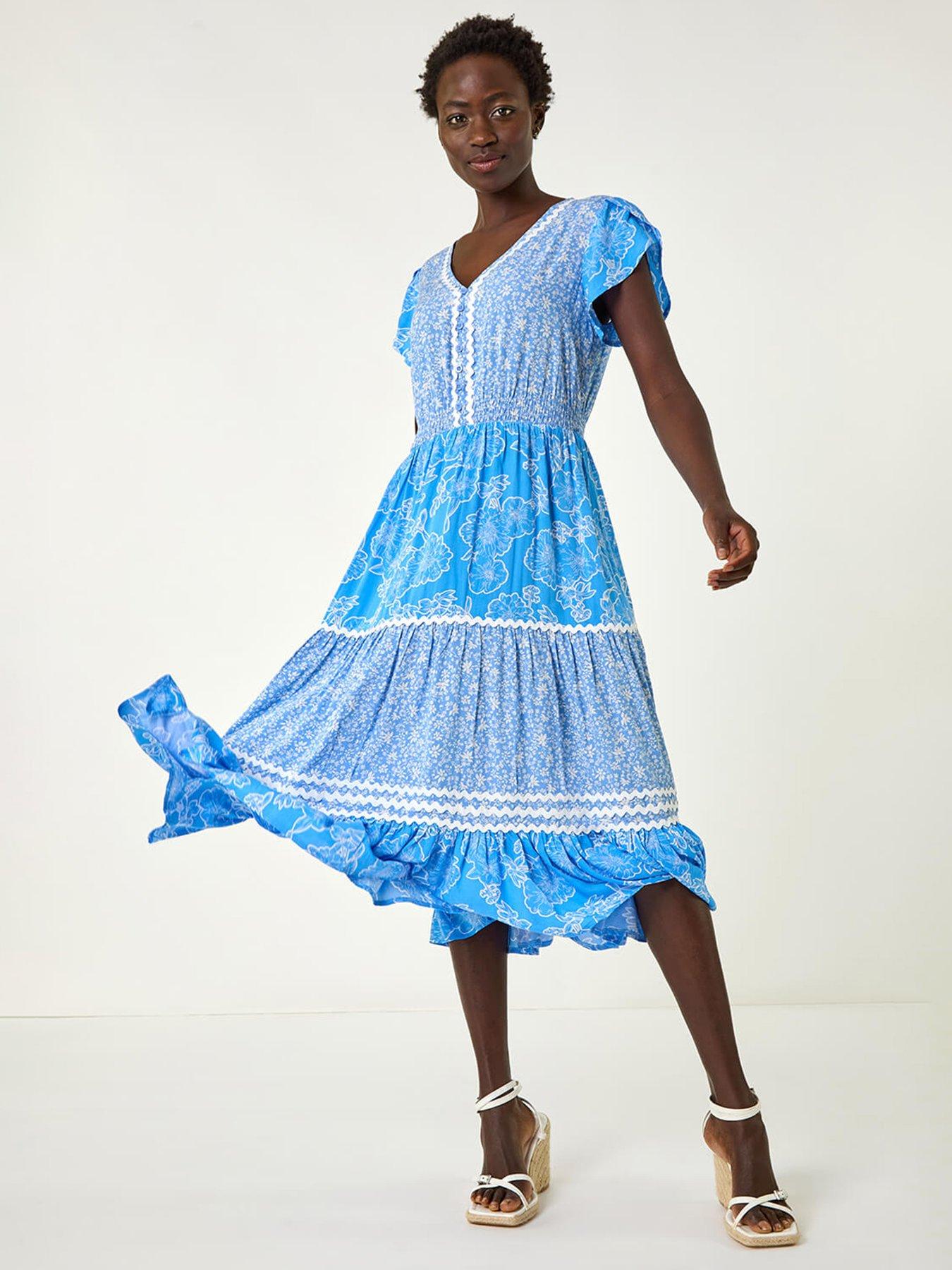 undefined Floral Mix Print Ric Rac Midi Dress -  Blue