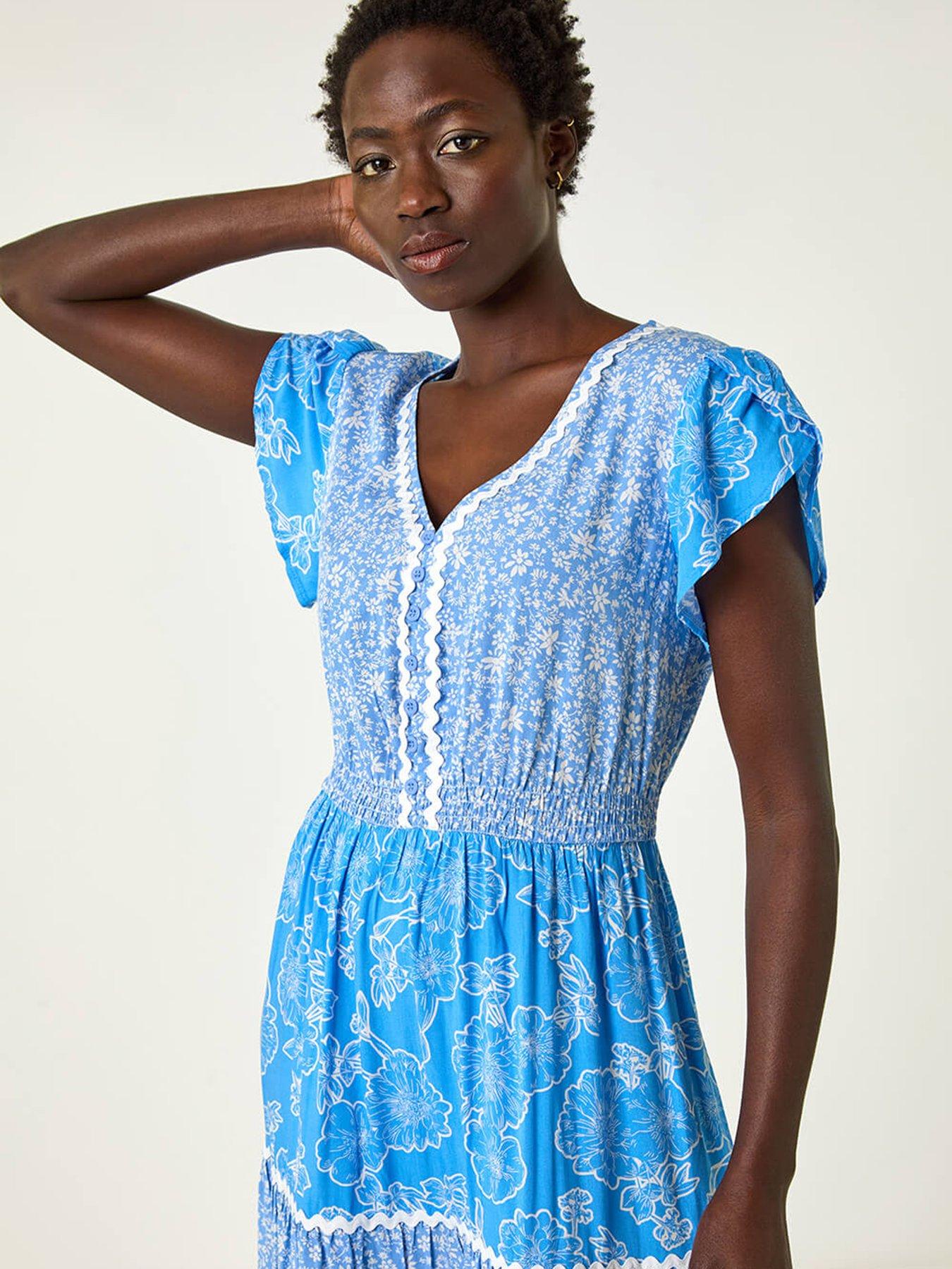 Roman Floral Mix Print Ric Rac Midi Dress - Blue | Very