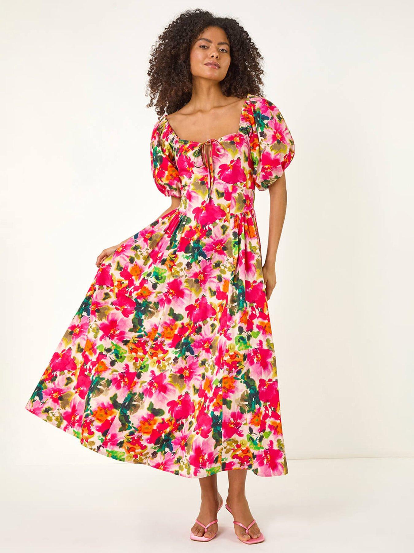 undefined Floral Pleated Puff Dress -  Red