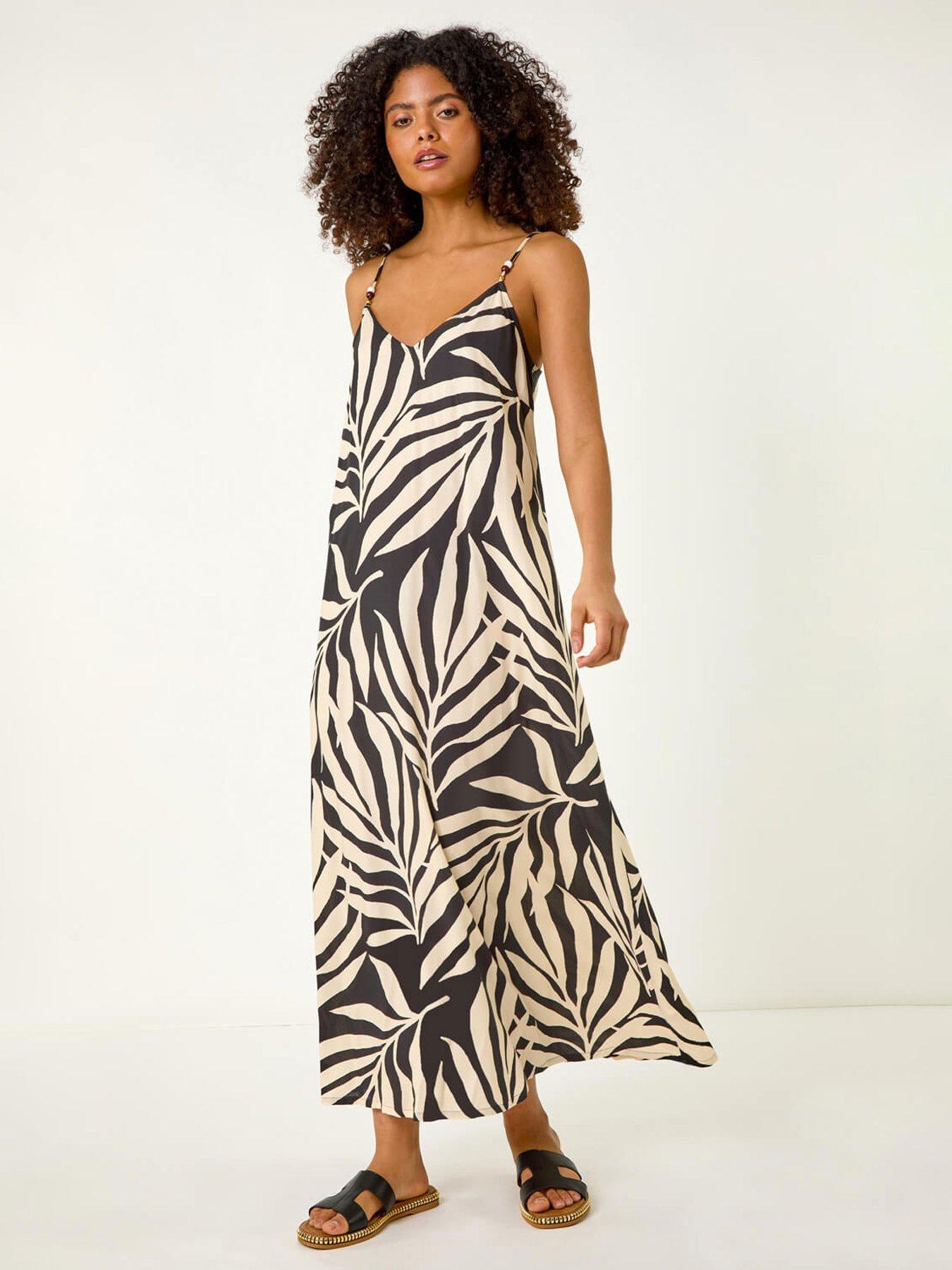 undefined Mono Leaf Print Maxi Dress -  Black