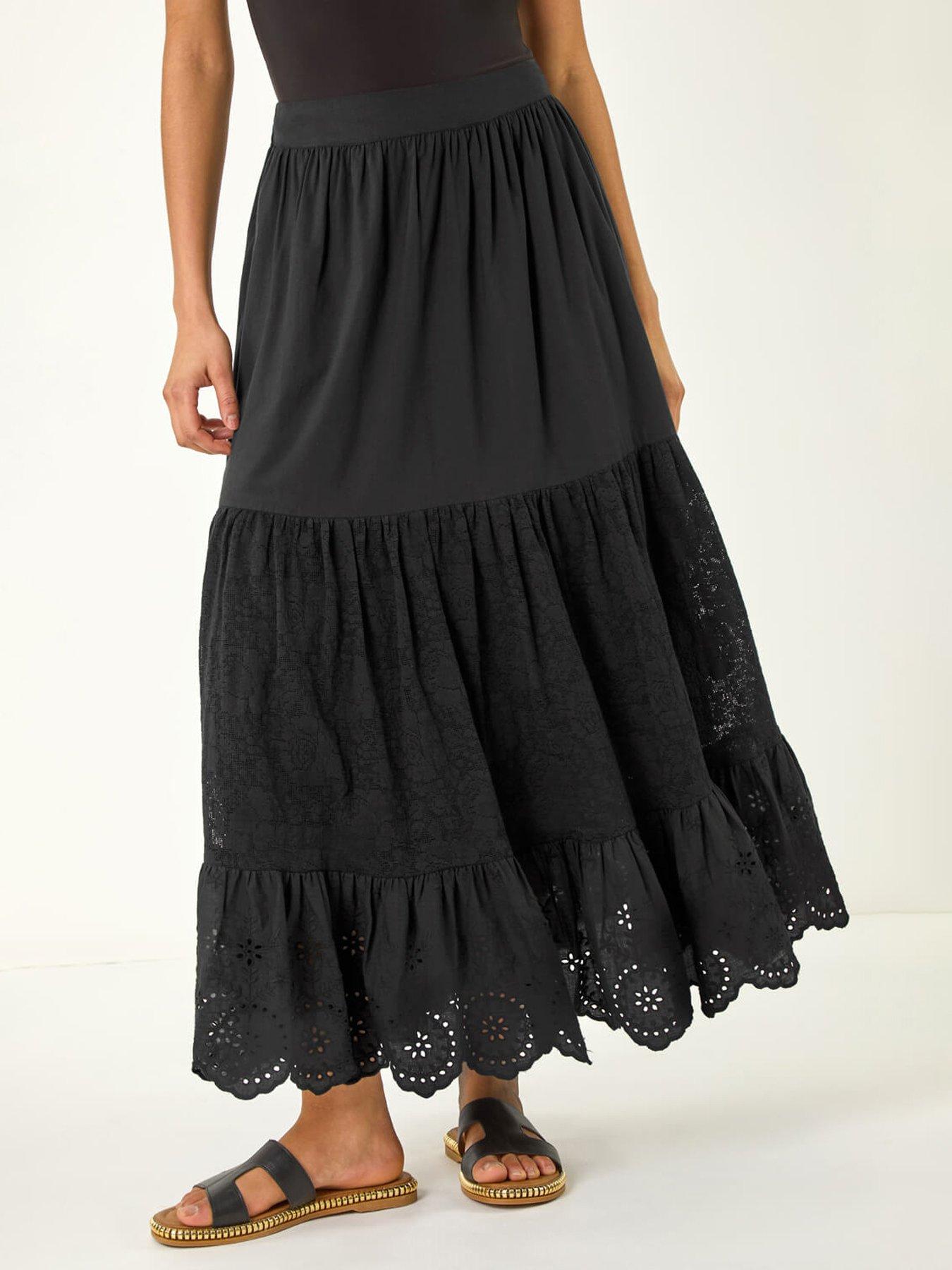 undefined Tiered Broderie Maxi Skirt -  Black
