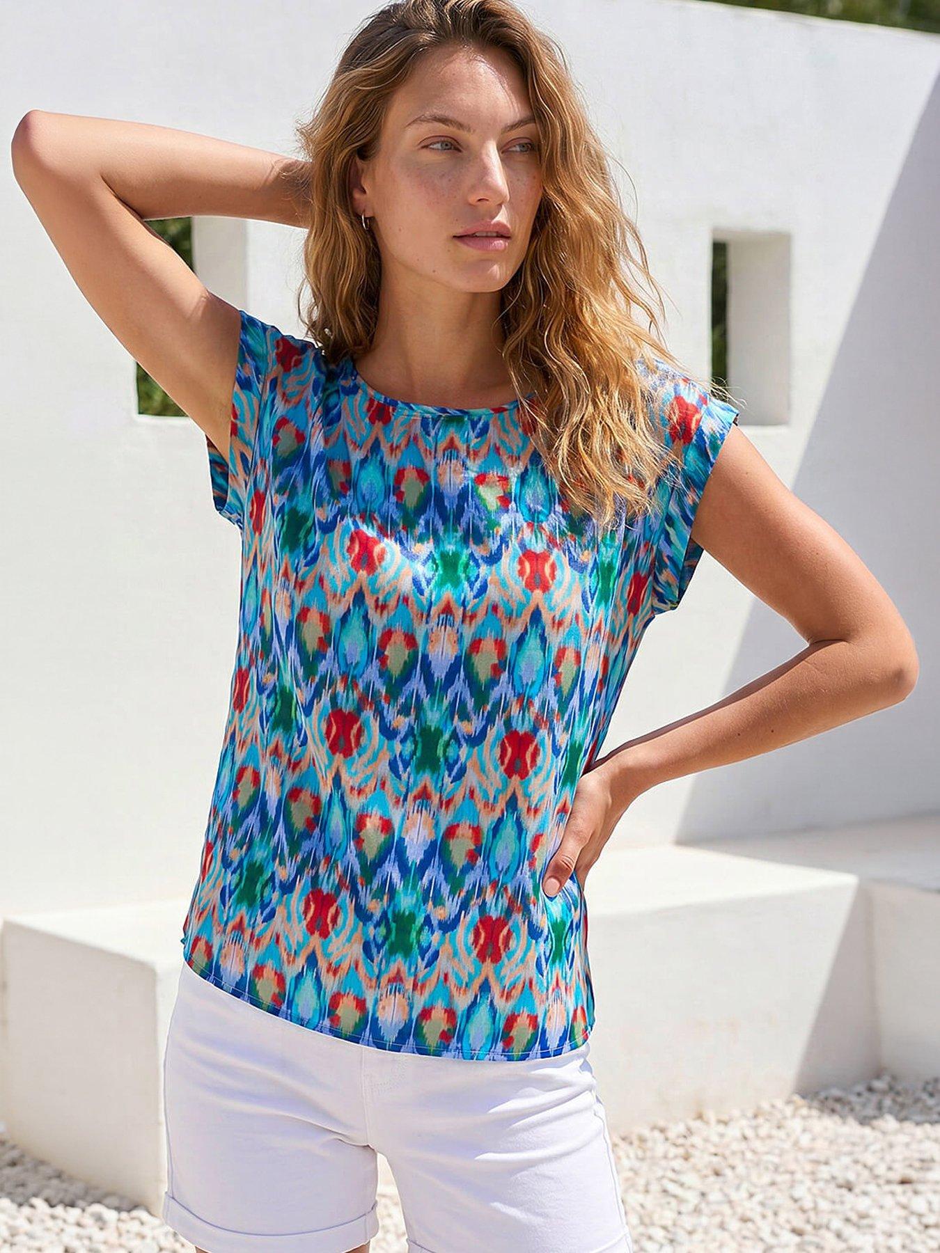 Roman Abstract Print Shell Top, Blue, Size 12, Women