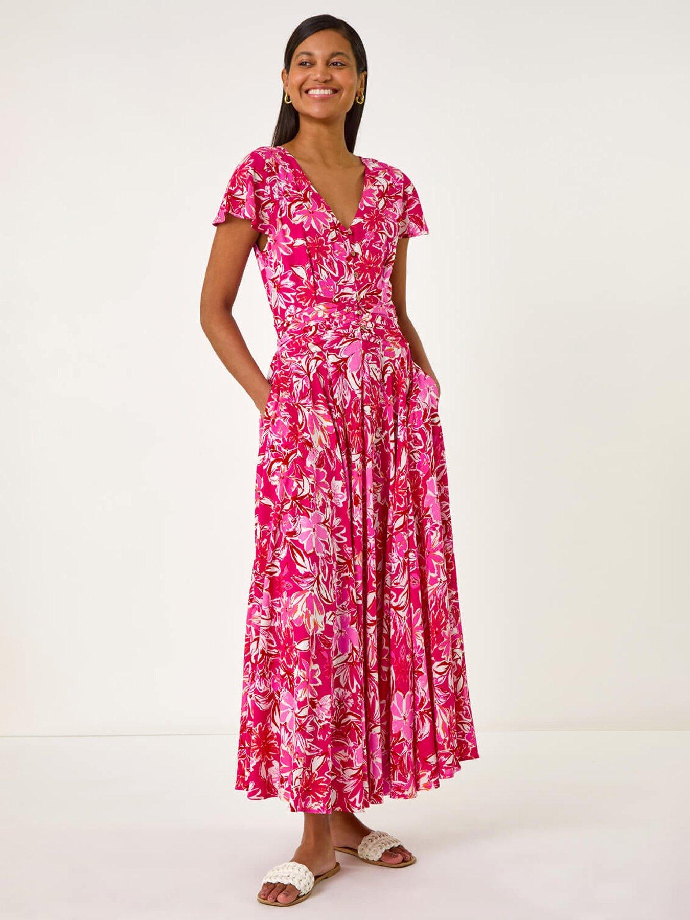Roman Floral Ruched Waist Maxi Dress, Pink, Size 18, Women