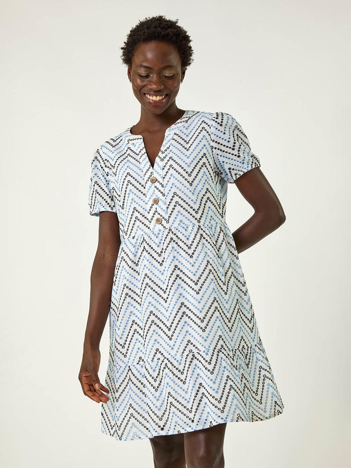 undefined Zig Zag Embroidered Tunic Dress -  Blue