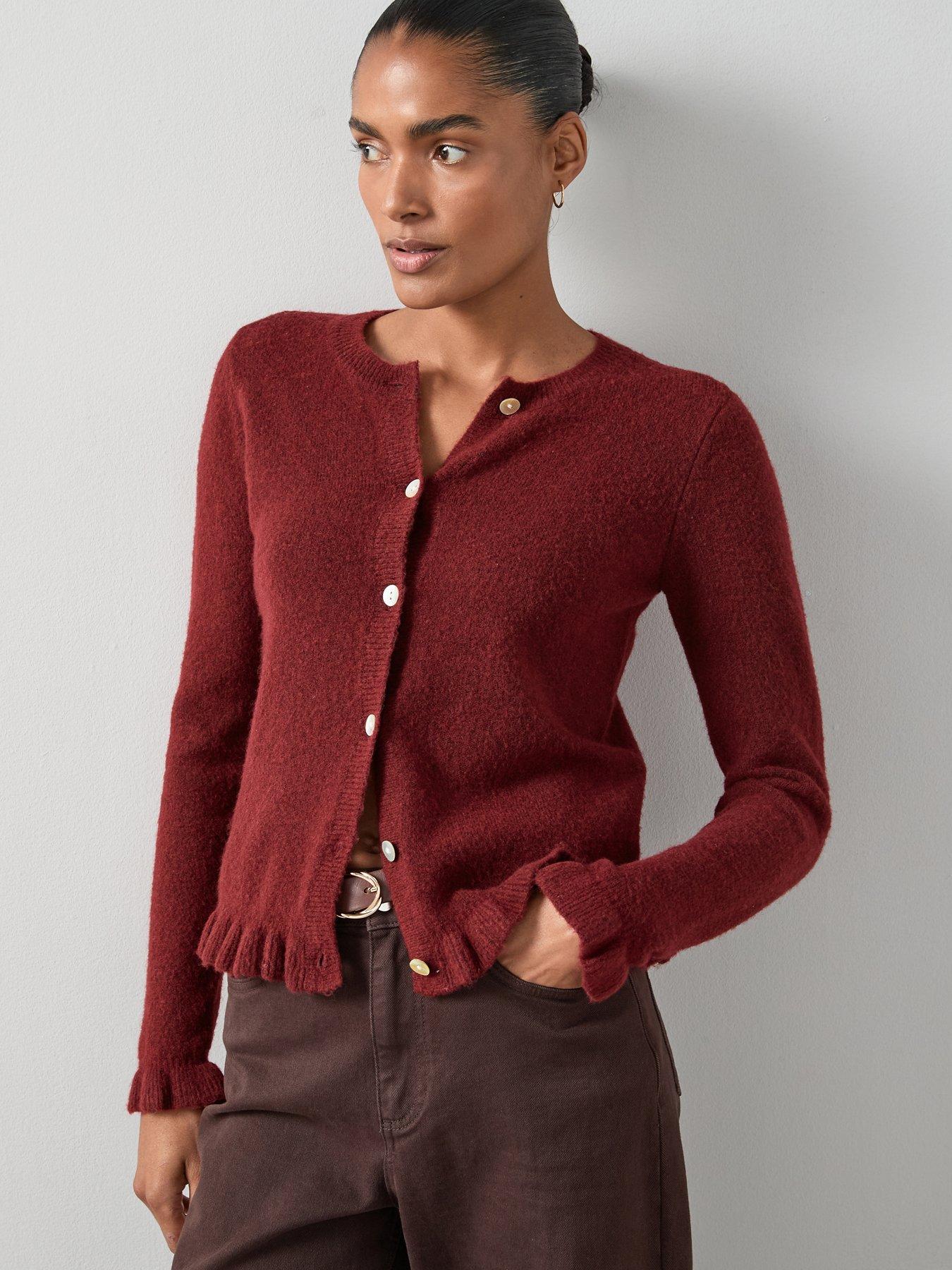 The Very Collection Crew Neck Ruffle Hem Cardigan Burgundy Very