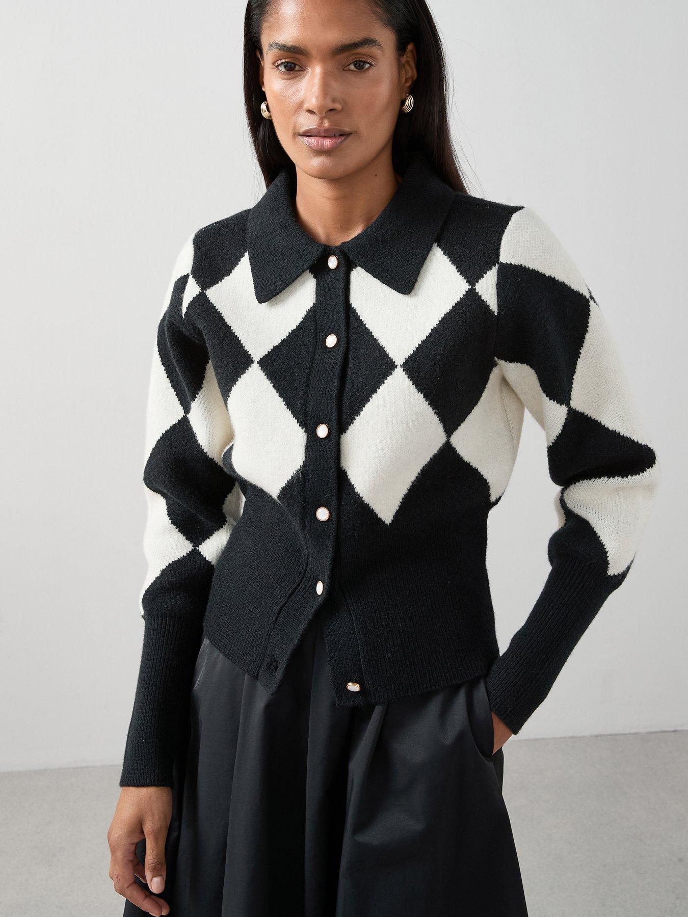 The Very Collection Collared Neck Argyle Cardigan - Black/Multi
