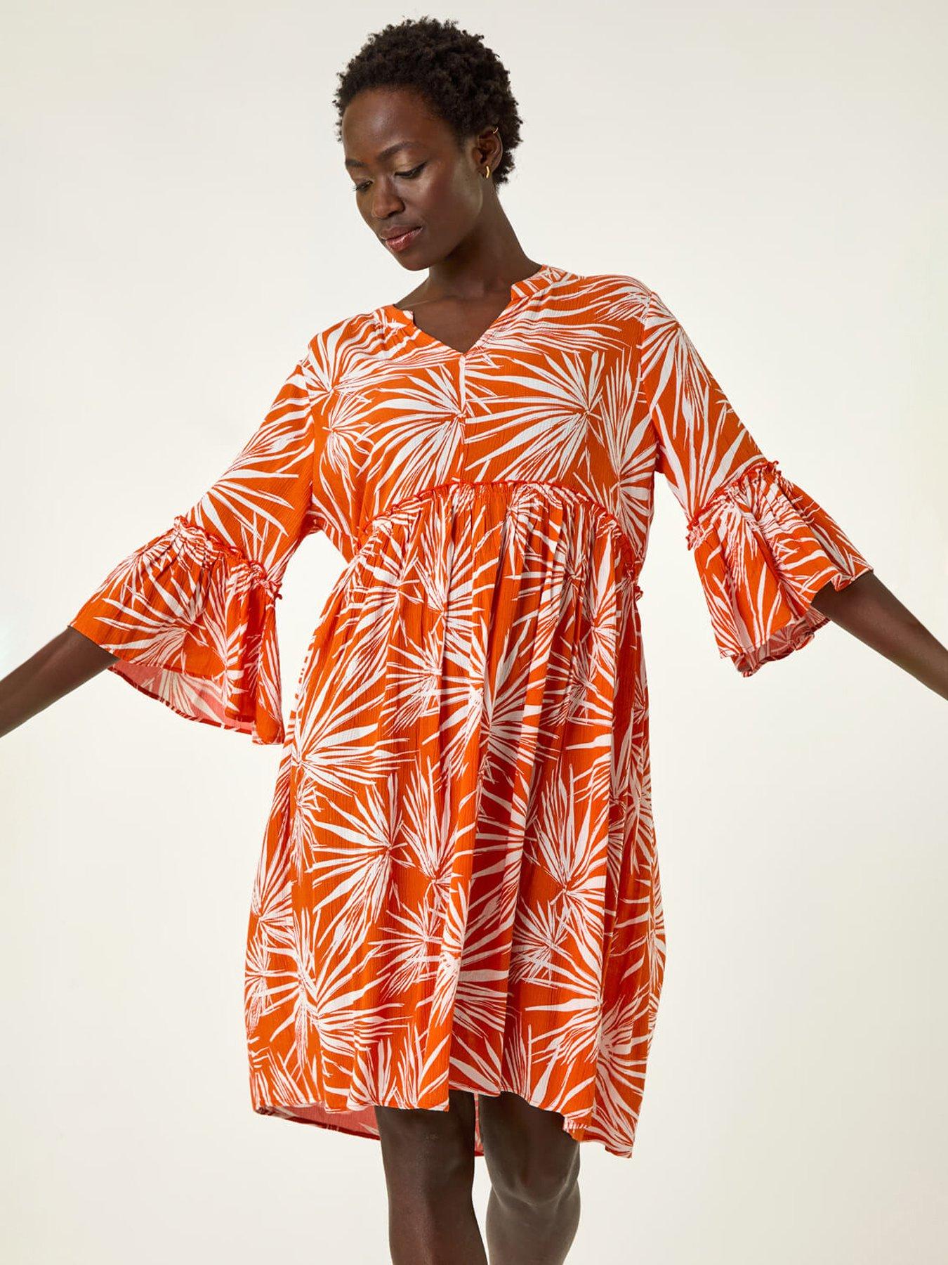 undefined Abstract Print Crinkle Smock Dress -  Orange