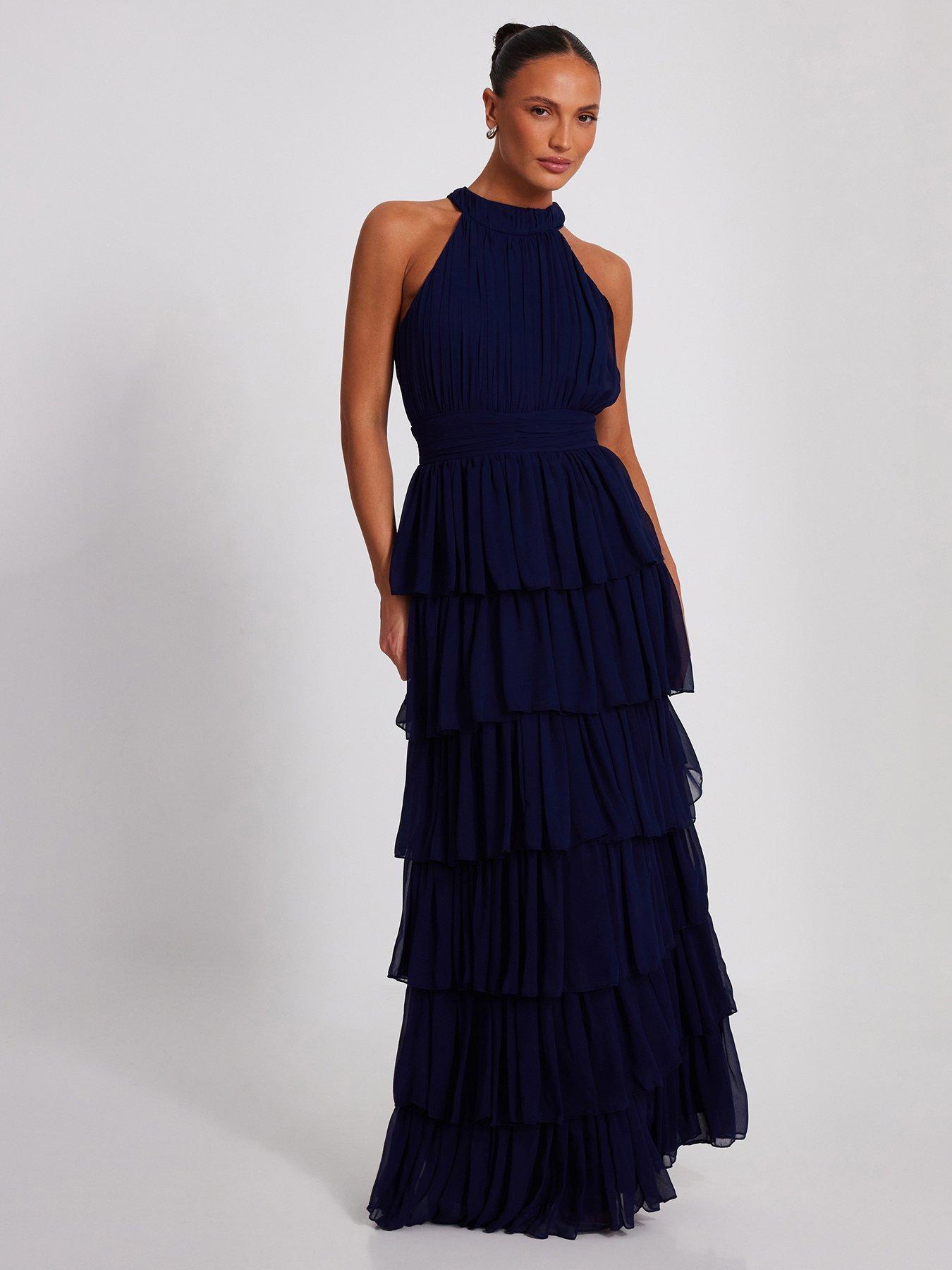 undefined Navy Mesh Tiered Maxi Dress
