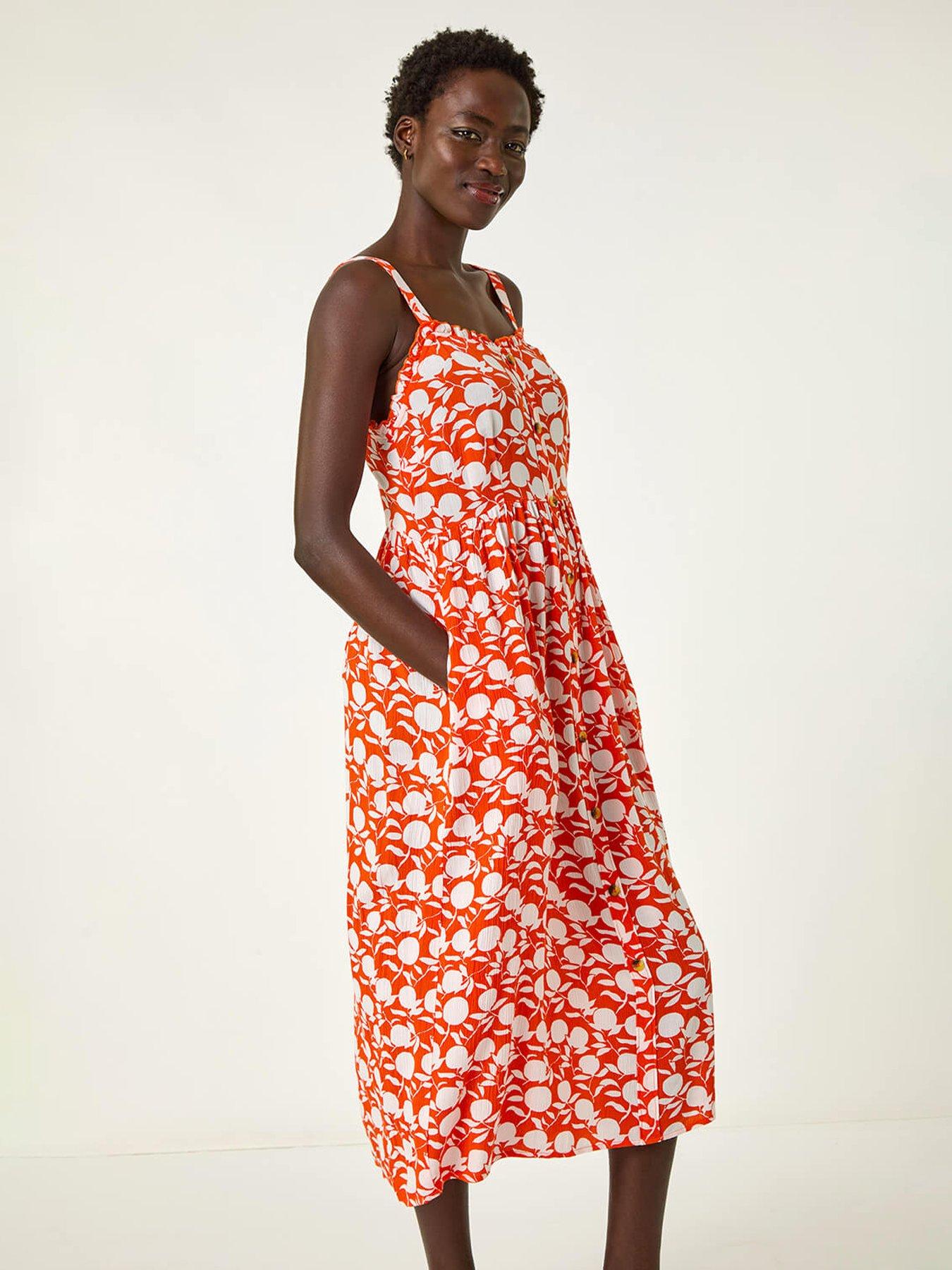 Image 4 of 5 of Roman Fruit Print Midi Sundress -  Orange