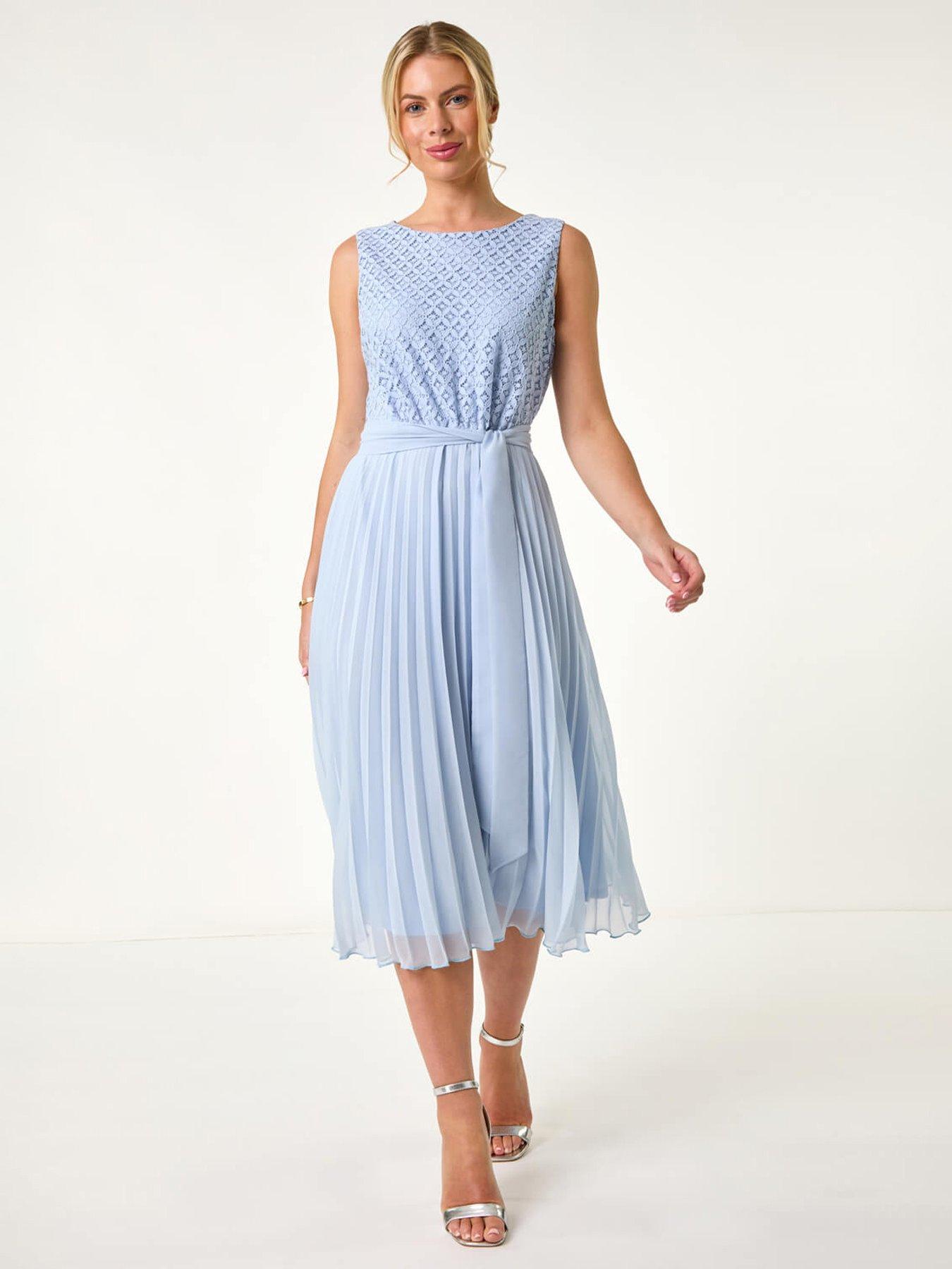 undefined Petite Lace Pleat Midi Dress -  Blue