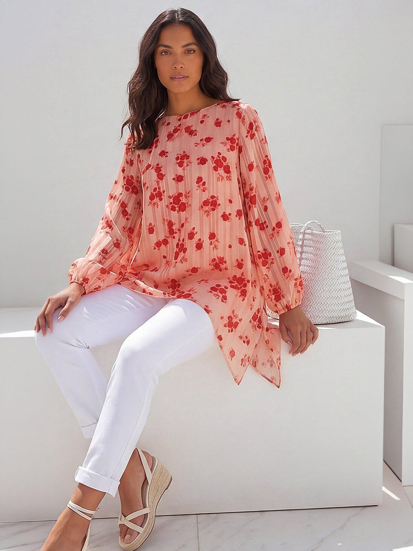 Roman Rose Print Metallic Tunic Top, Pink, Size 14, Women