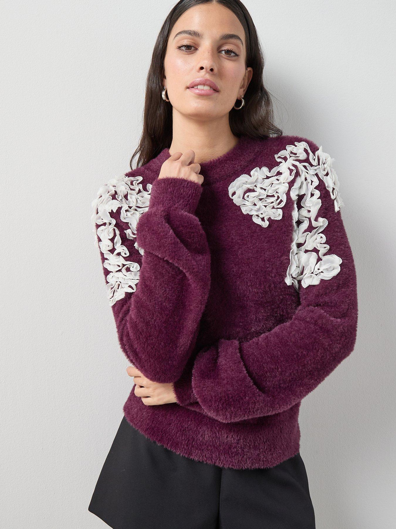 The Very Collection Crew Neck Fluffy Jumper with Organza Bows - Burgundy