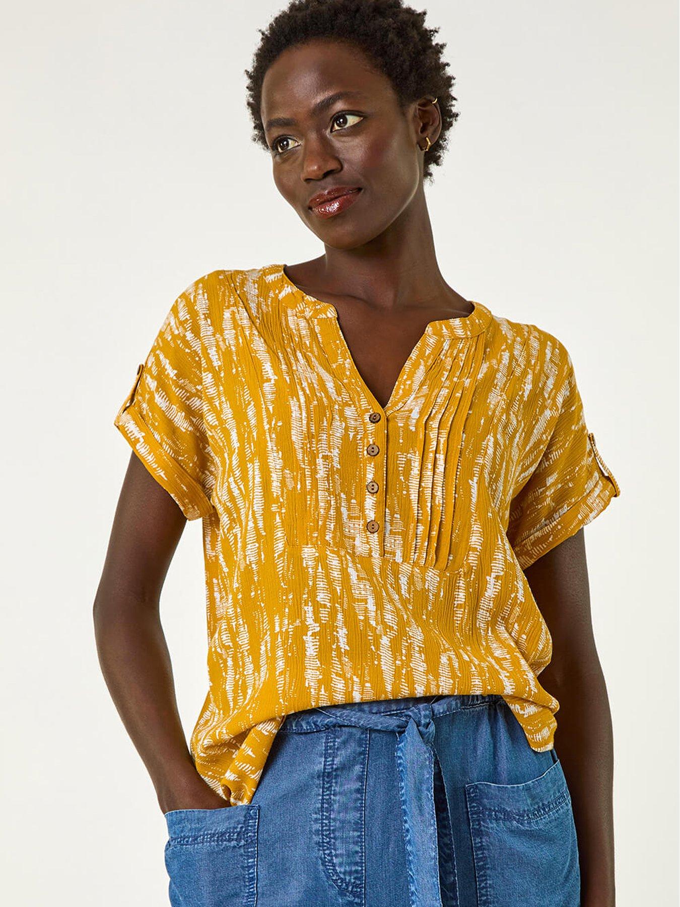 Roman Abstract Print Button Detail Top - Yellow