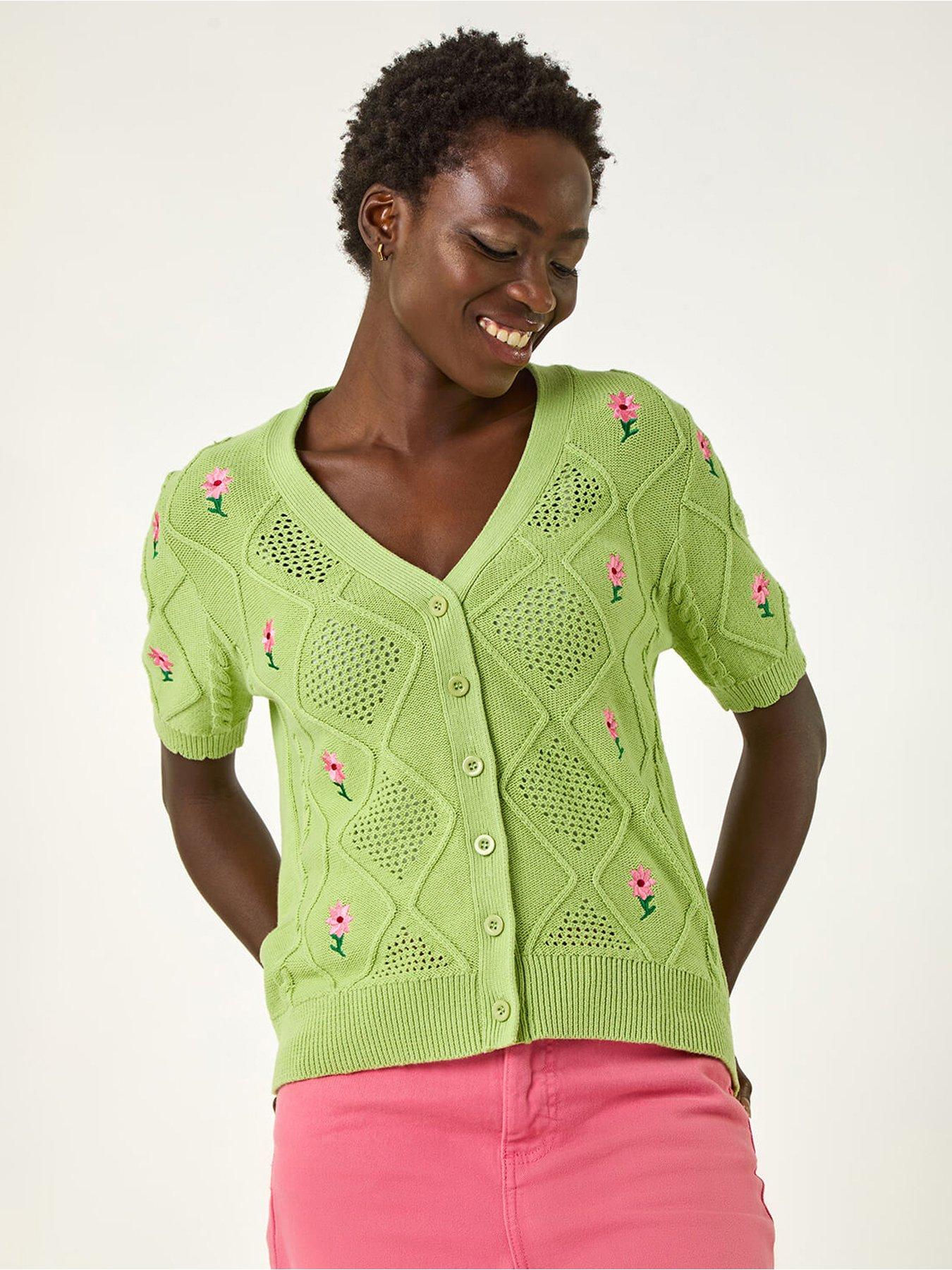 undefined Textured Floral Embroidered Cardigan -  Green
