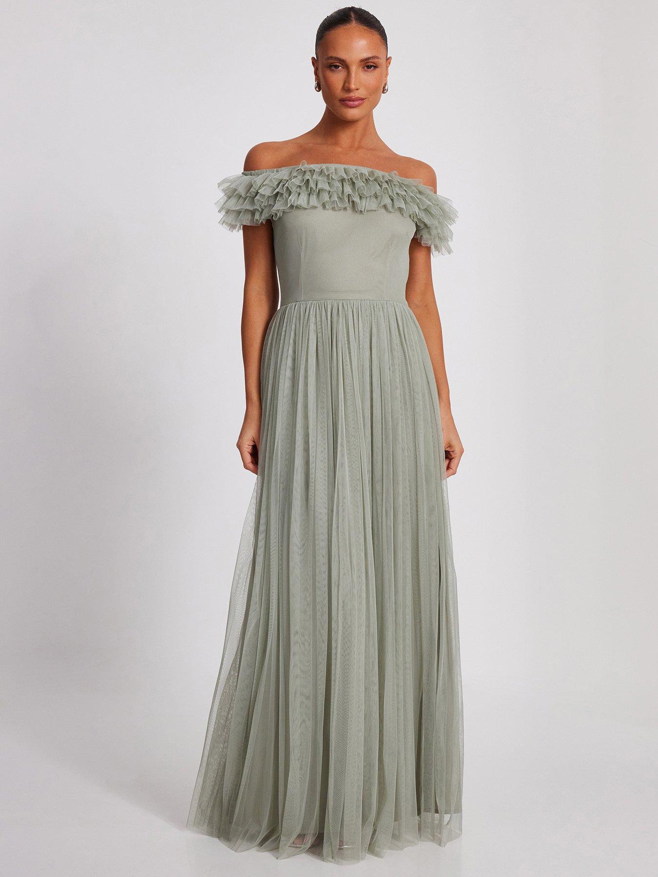 Quiz Sage Mesh Bardot Maxi Dress | Very