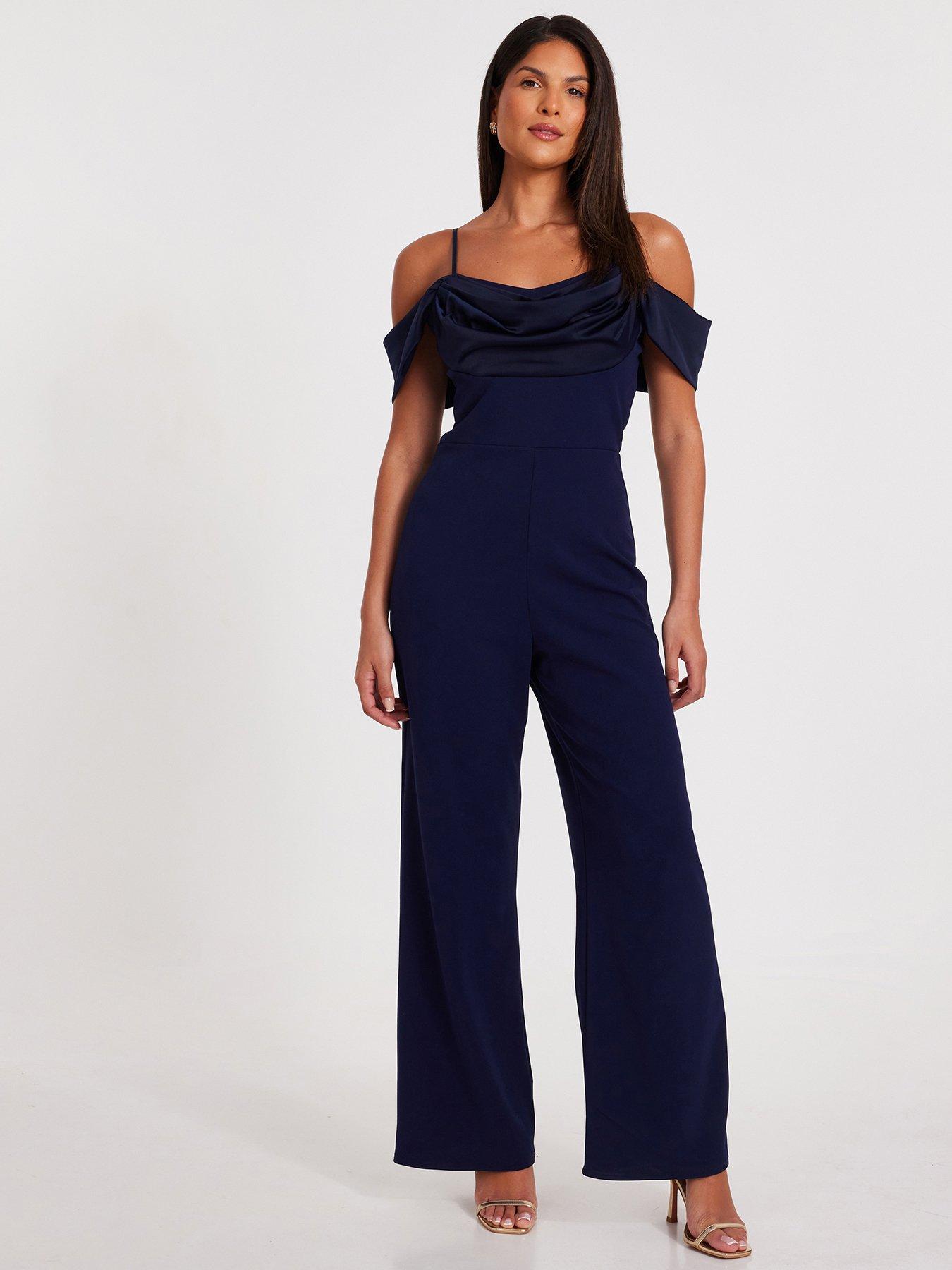 undefined Navy Satin Cold Shoulder Jumpsuit