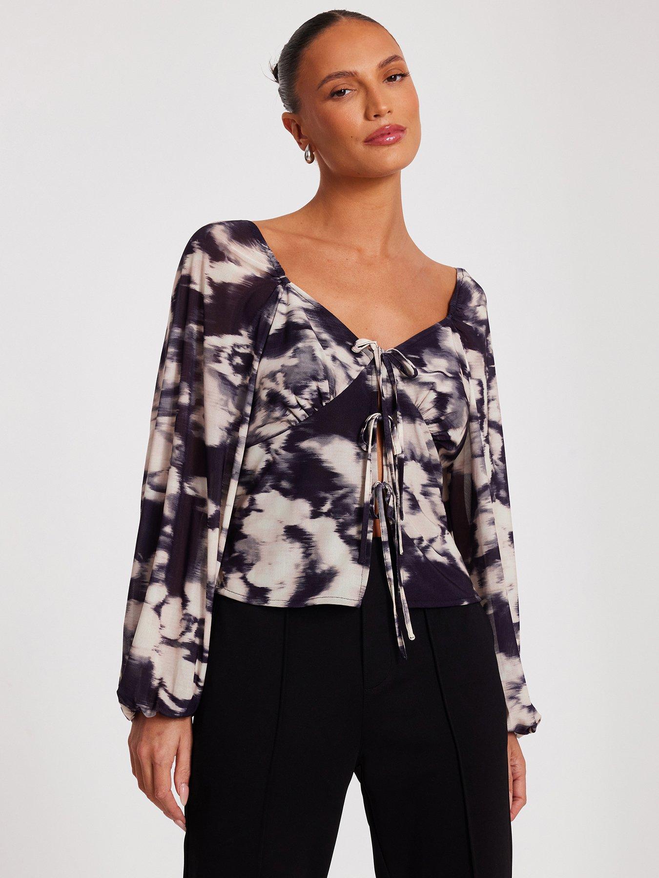 undefined Black Marble Print Tie Front Top