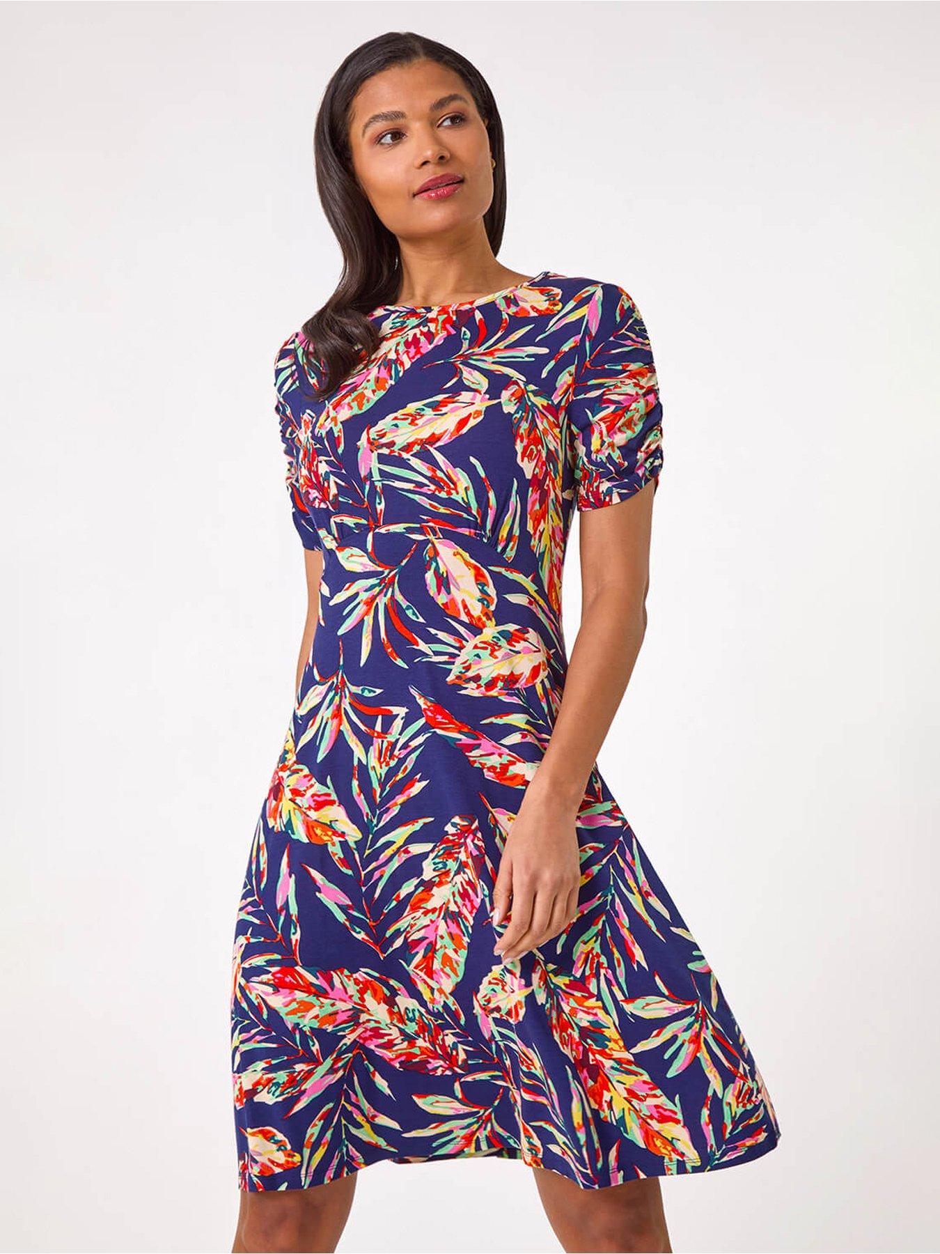 undefined Leaf Print Short Dress -  Navy